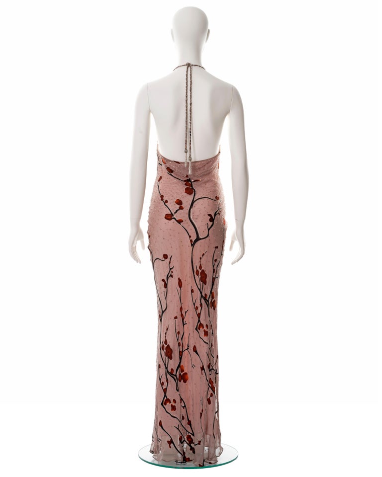 Diane Freis pink hand-beaded chiffon halter-neck evening dress, c. 2000 For Sale 3