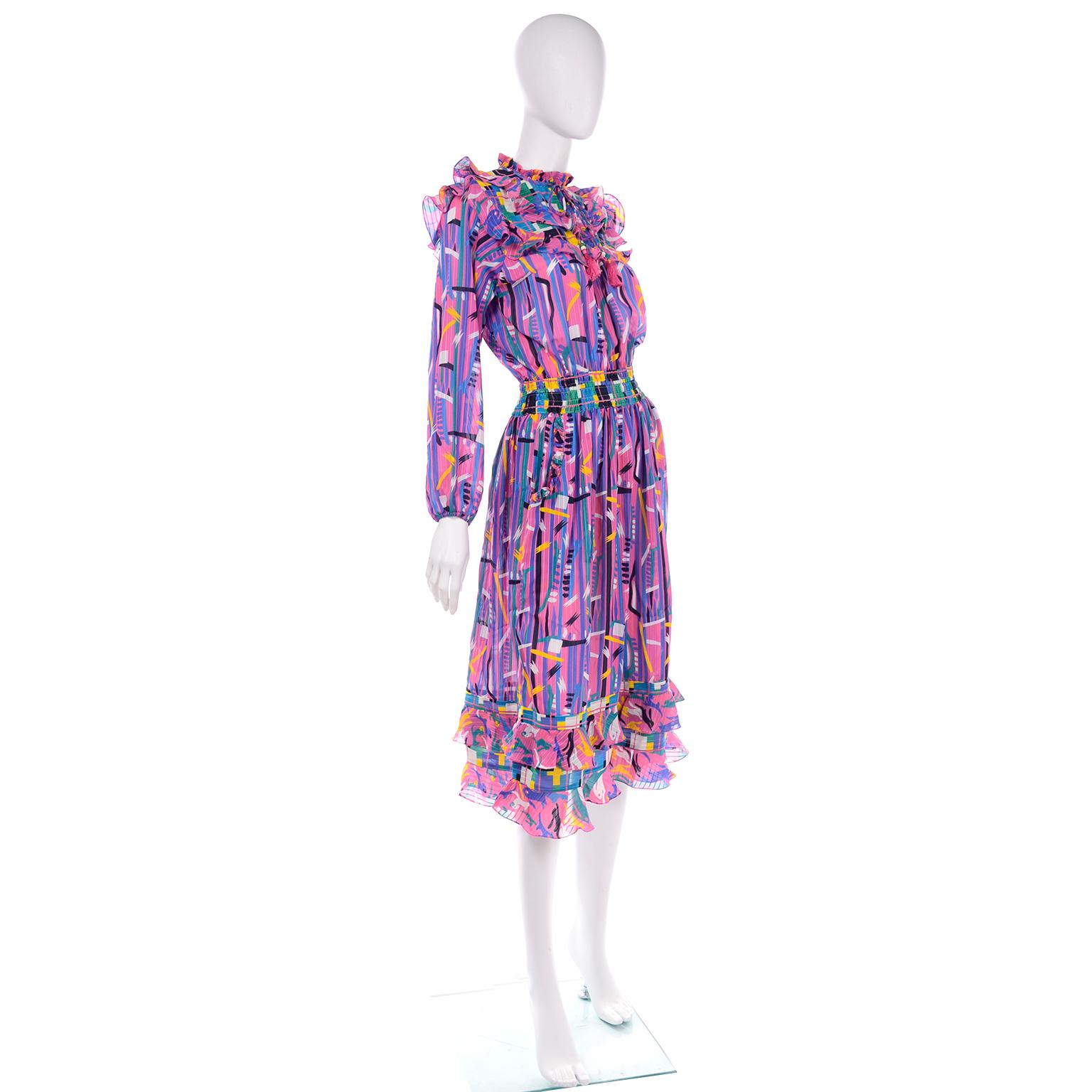 Diane Freis Pink Purple Abstract Print Georgette Colorful Ruffled  Dress In Excellent Condition In Portland, OR