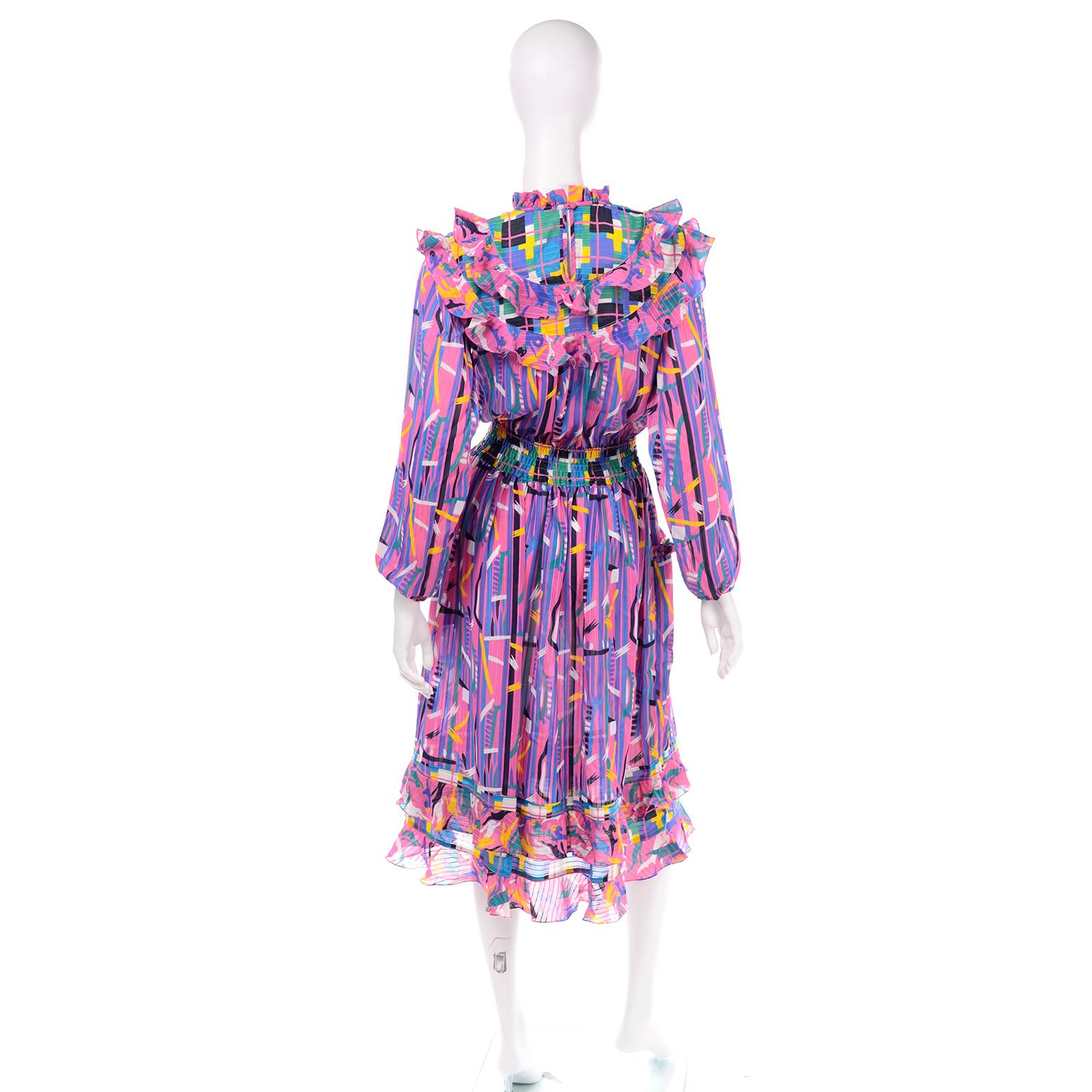 Women's Diane Freis Pink Purple Abstract Print Georgette Colorful Ruffled  Dress