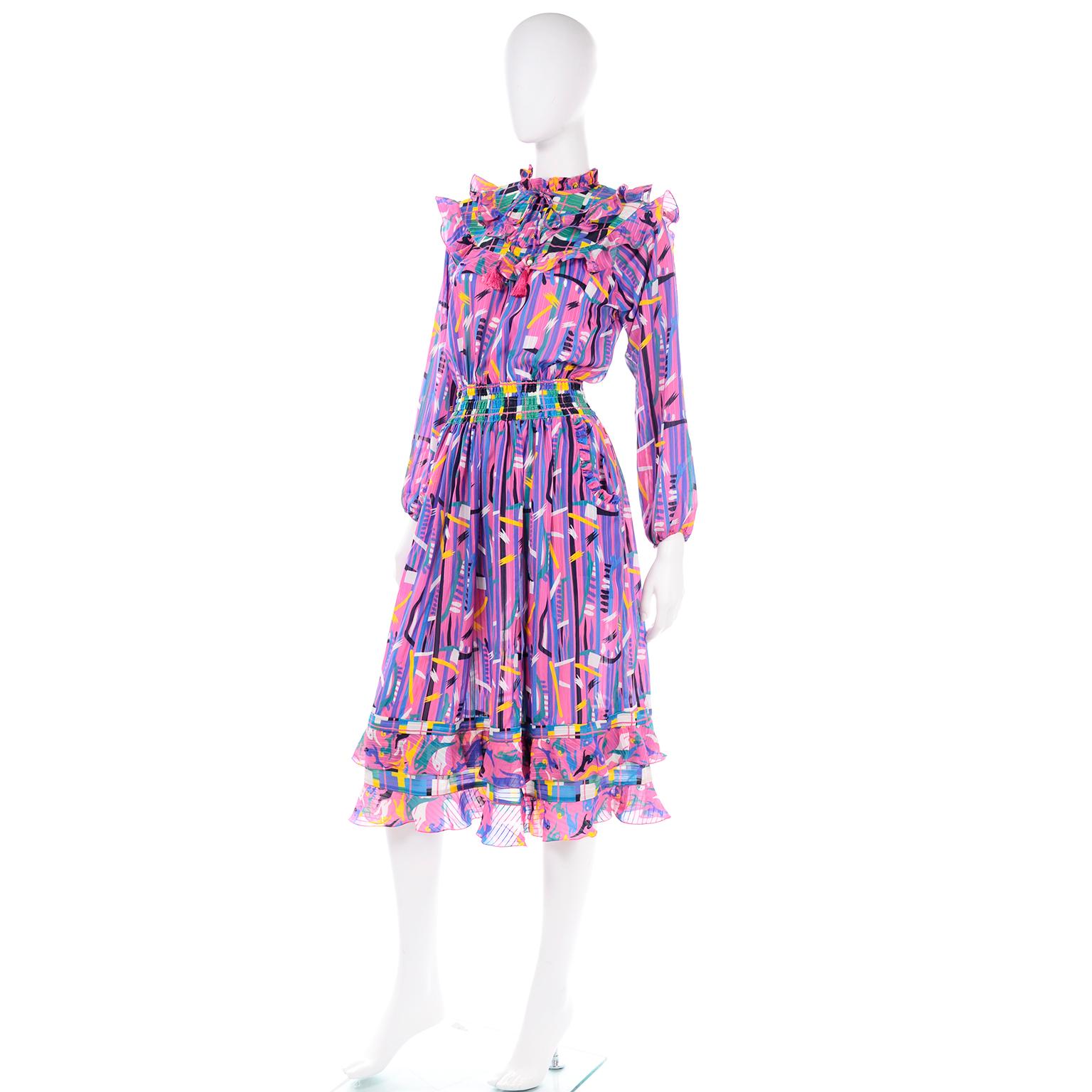 Diane Freis Pink Purple Abstract Print Georgette Colorful Ruffled  Dress 1