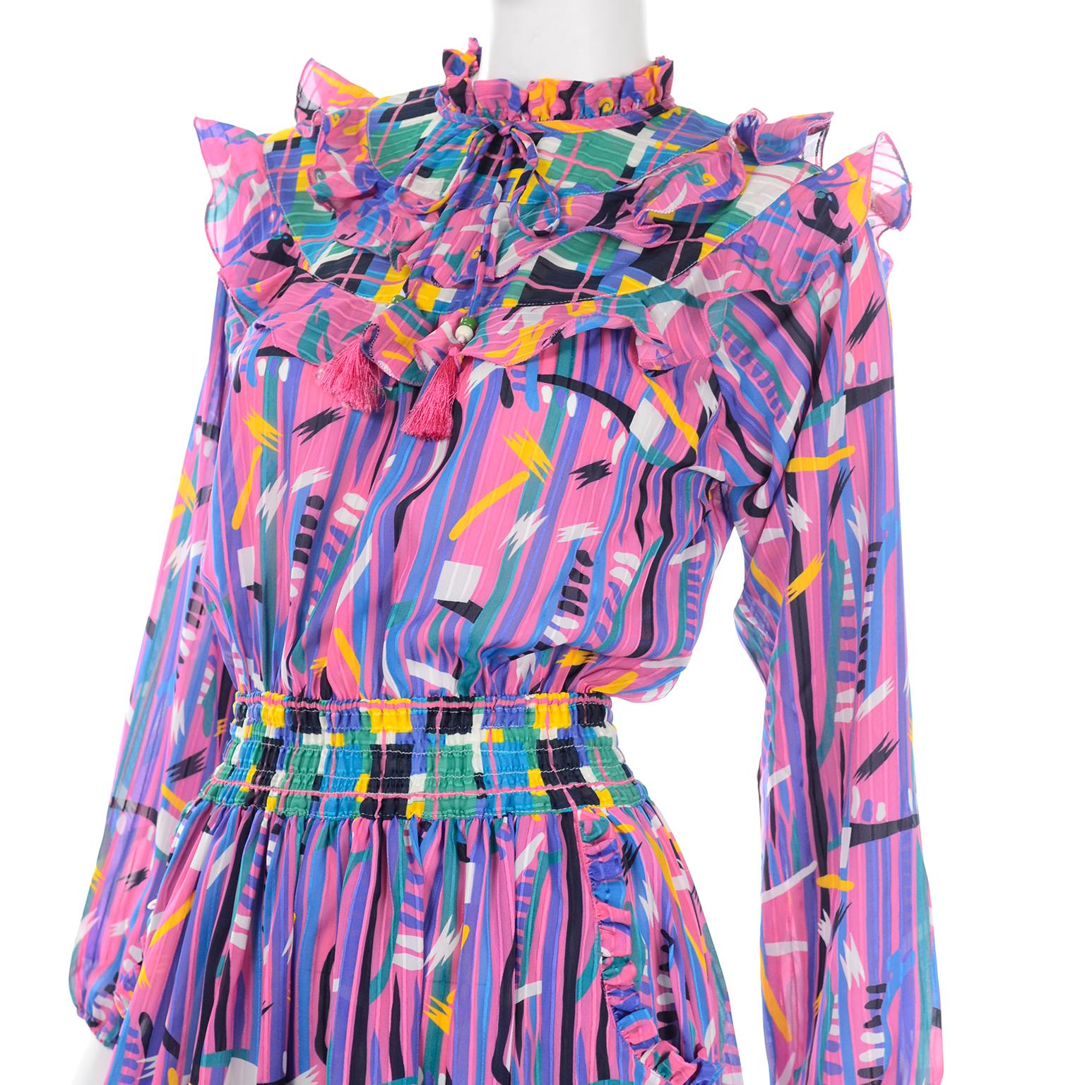 Diane Freis Pink Purple Abstract Print Georgette Colorful Ruffled  Dress 2