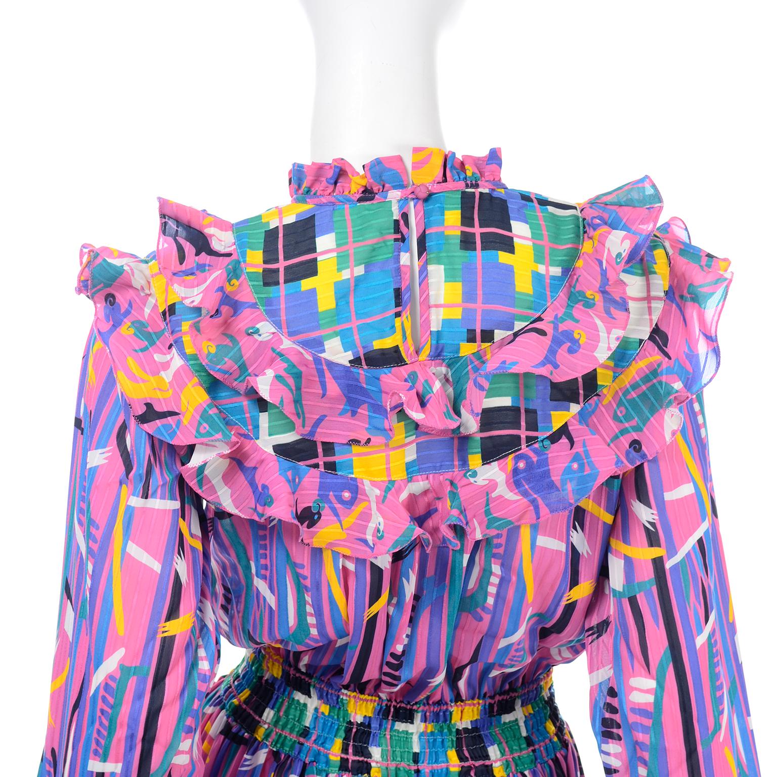 Diane Freis Pink Purple Abstract Print Georgette Colorful Ruffled  Dress 5