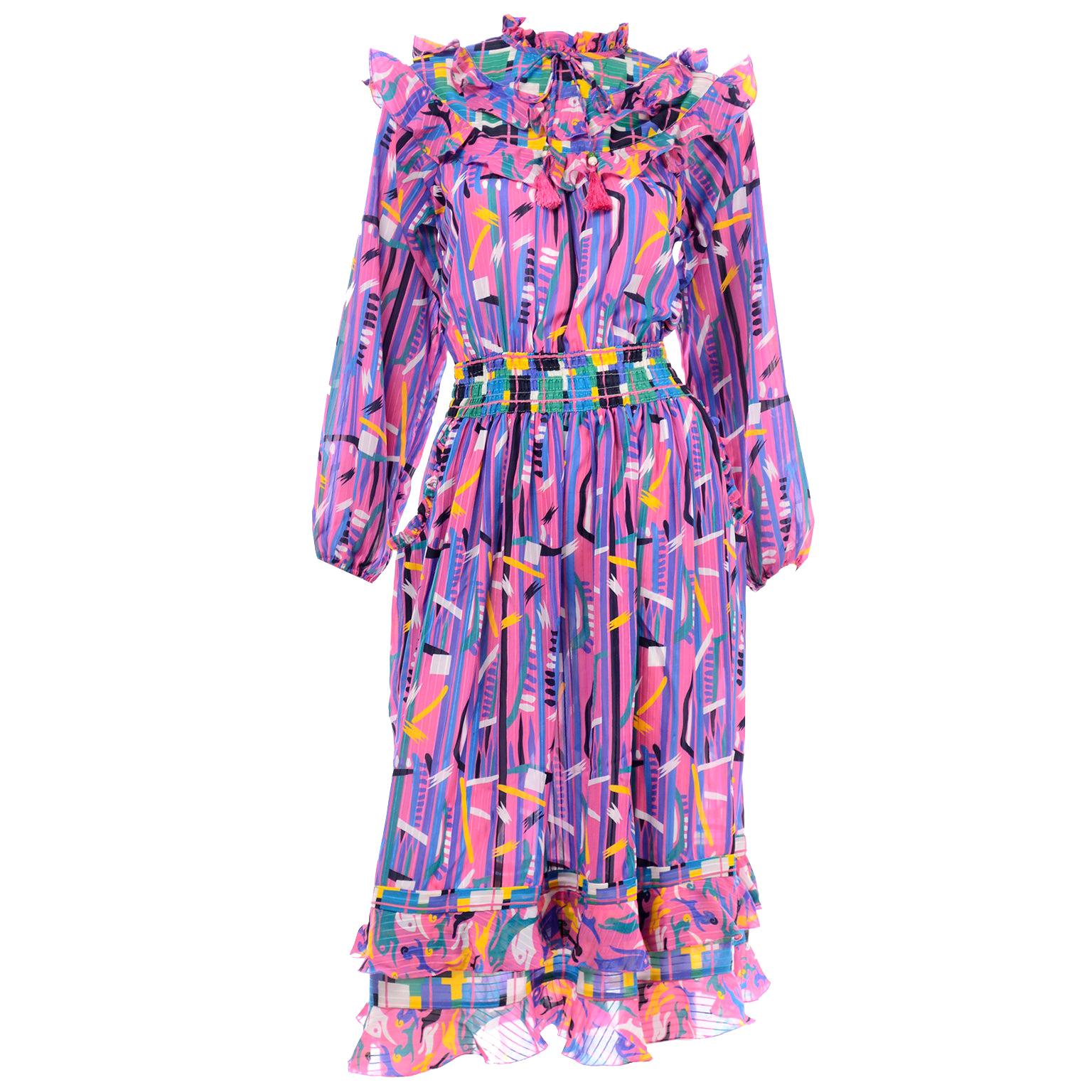 Diane Freis Pink Purple Abstract Print Georgette Colorful Ruffled  Dress