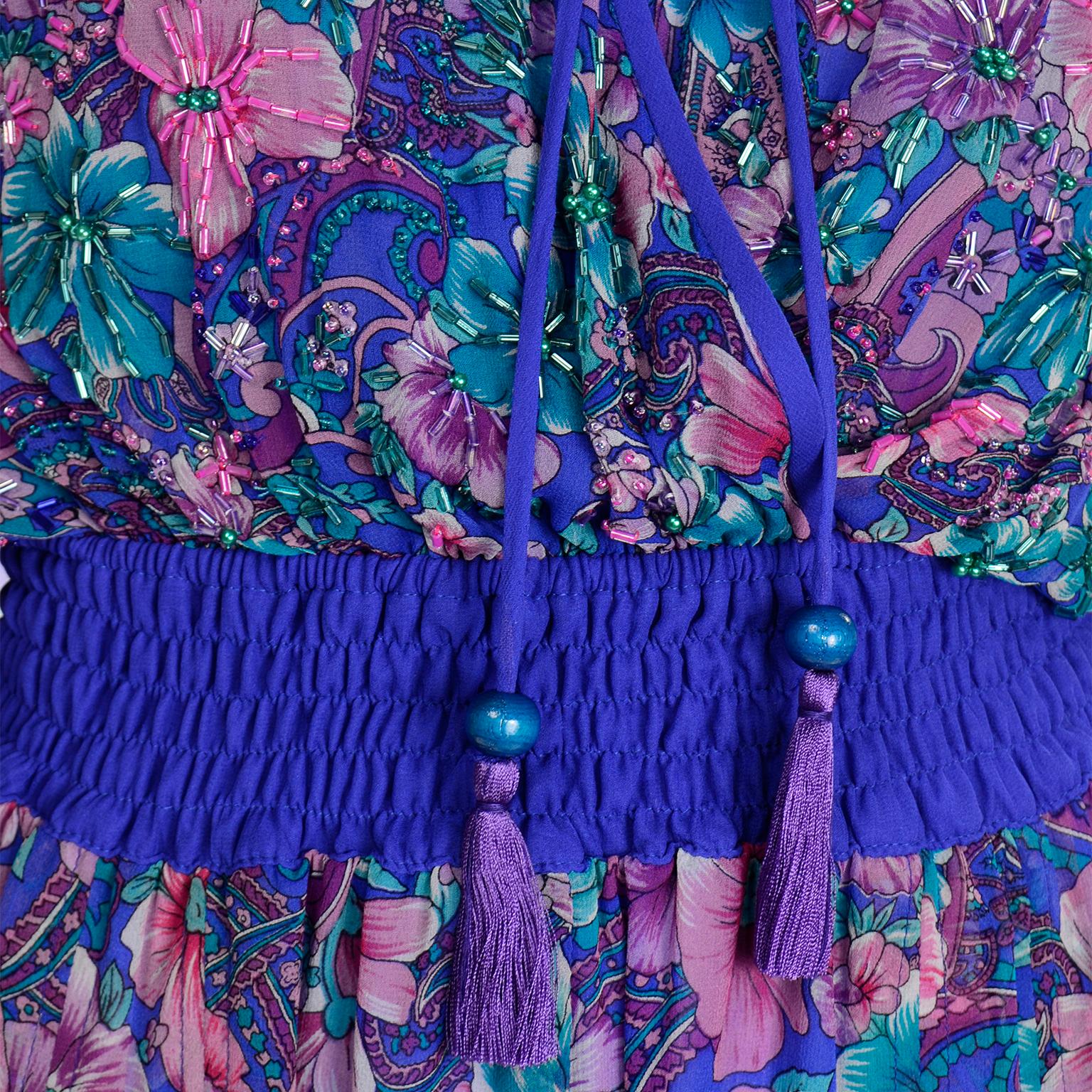 Vintage Diane Freis Purple Floral Print Silk Jumpsuit w Tassels and Scarf 3