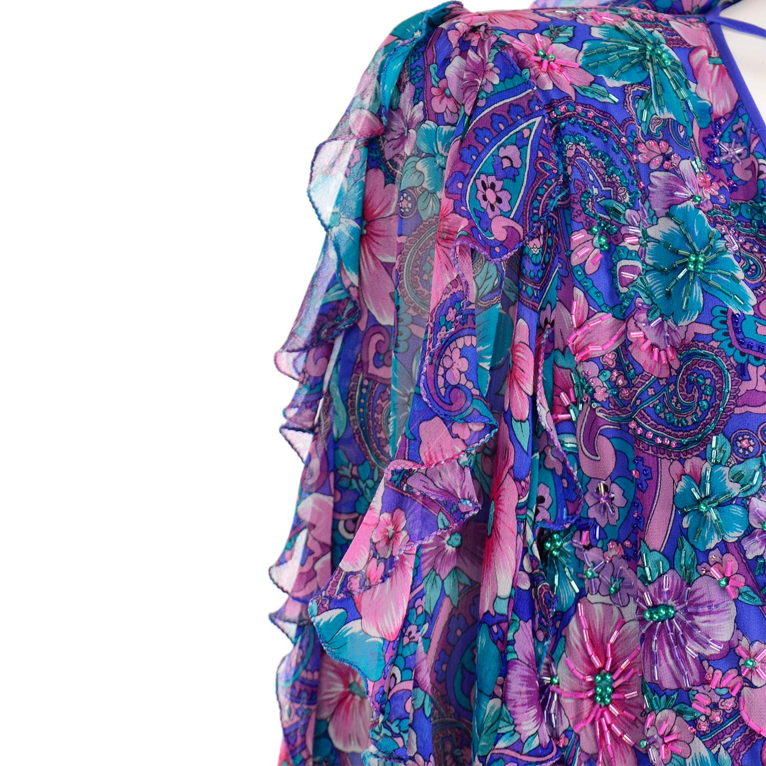 Vintage Diane Freis Purple Floral Print Silk Jumpsuit w Tassels and Scarf 4