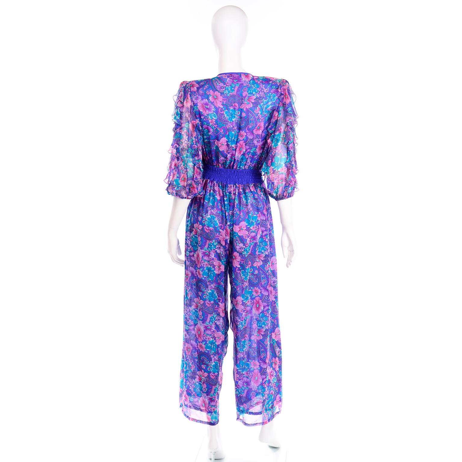 Vintage Diane Freis Purple Floral Print Silk Jumpsuit w Tassels and Scarf In Excellent Condition In Portland, OR