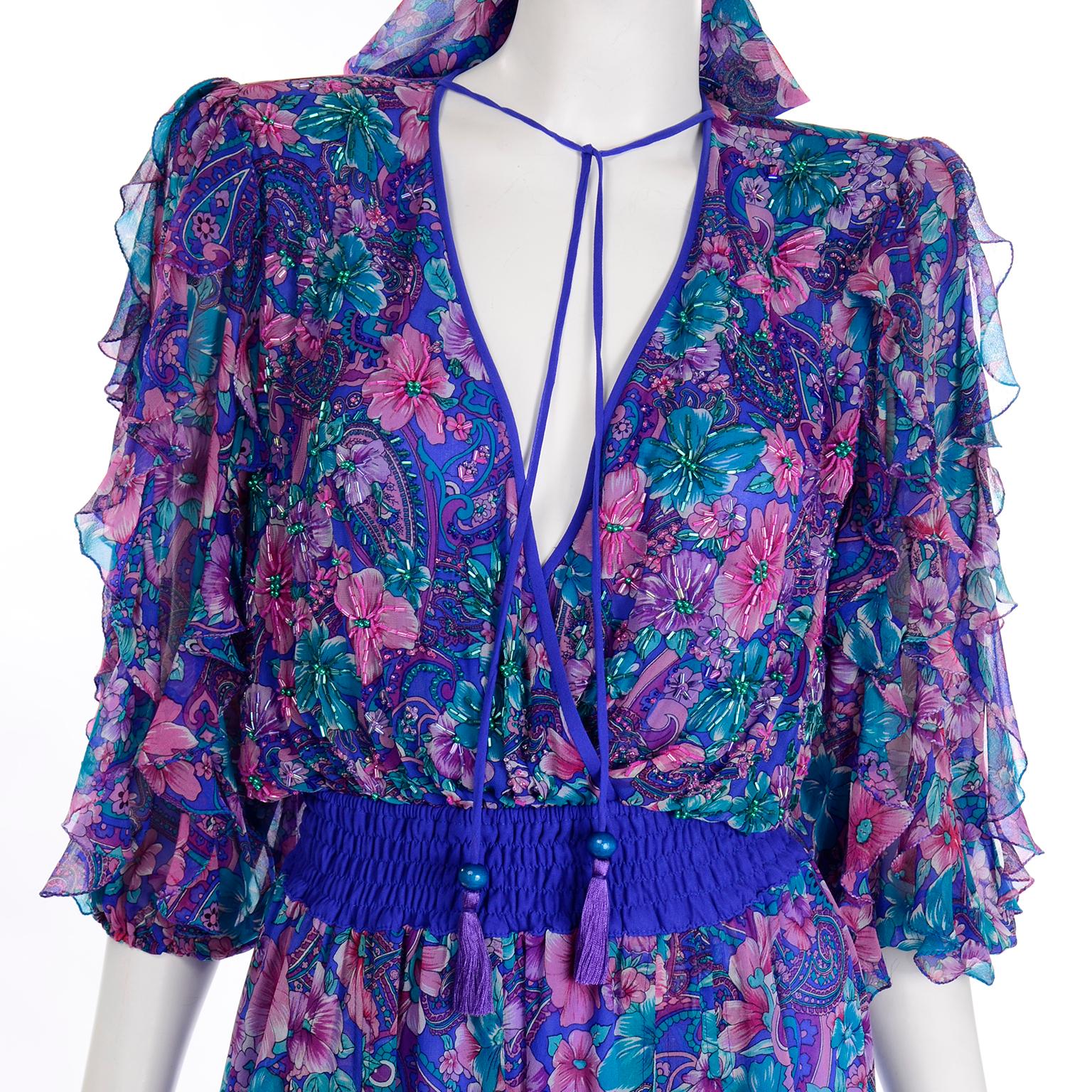 Women's or Men's Vintage Diane Freis Purple Floral Print Silk Jumpsuit w Tassels and Scarf