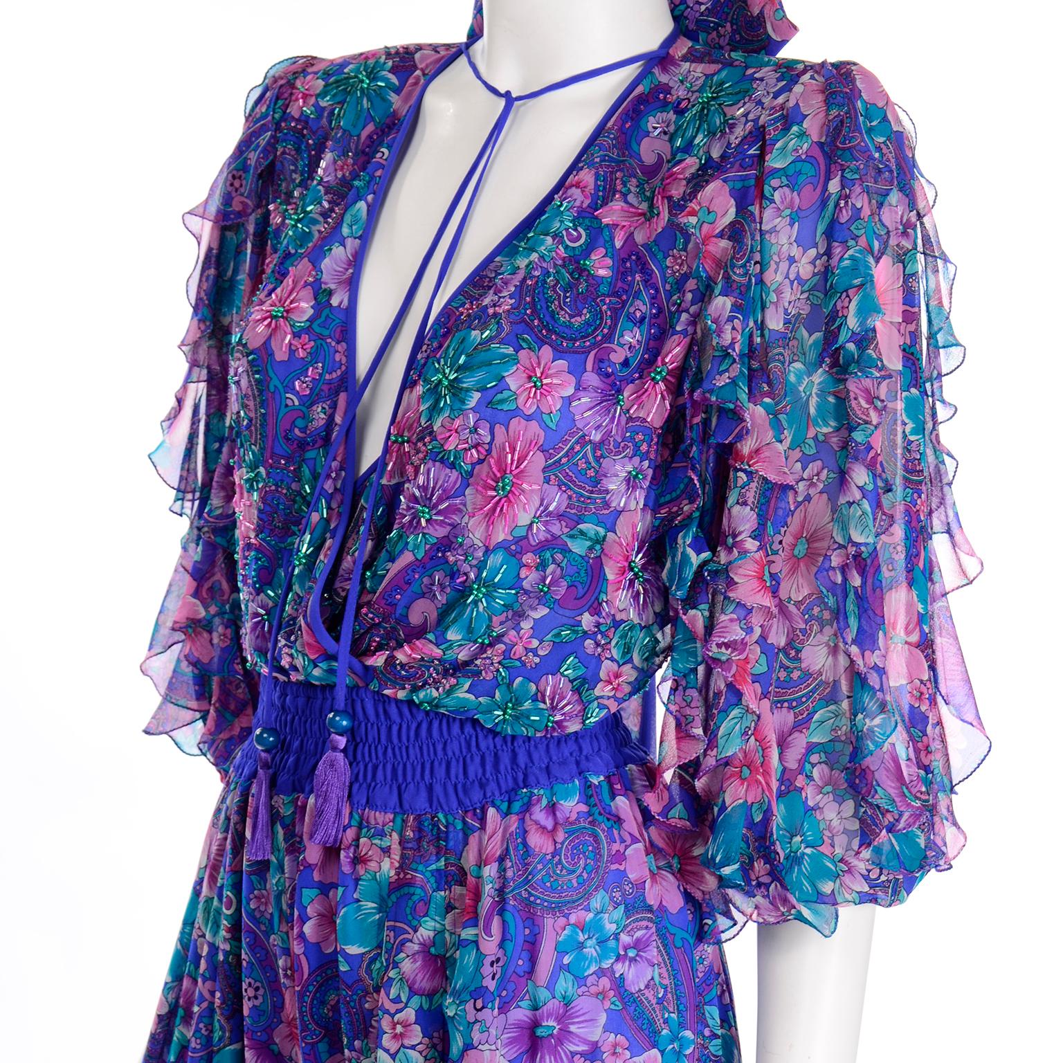 Vintage Diane Freis Purple Floral Print Silk Jumpsuit w Tassels and Scarf 1