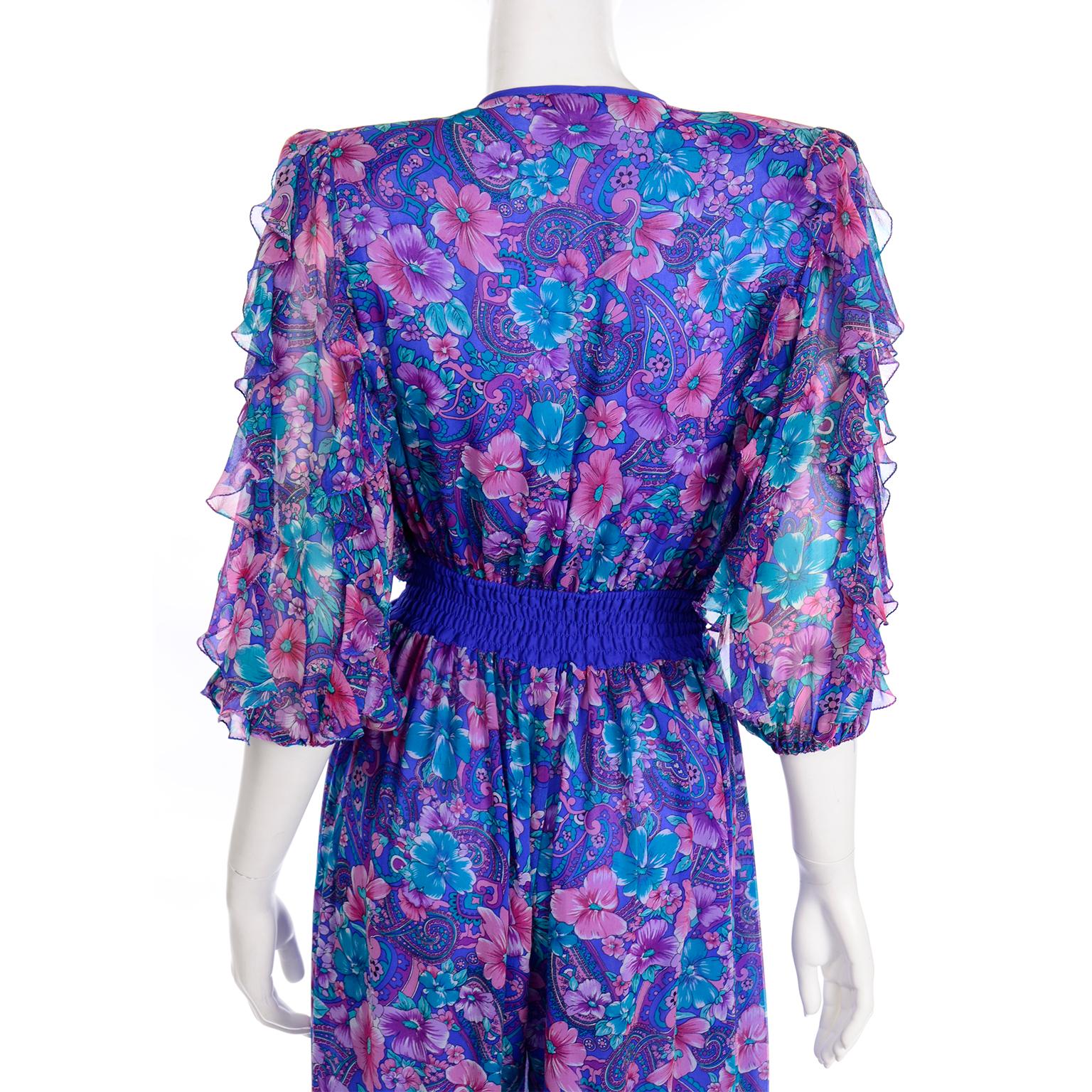 Vintage Diane Freis Purple Floral Print Silk Jumpsuit w Tassels and Scarf 2