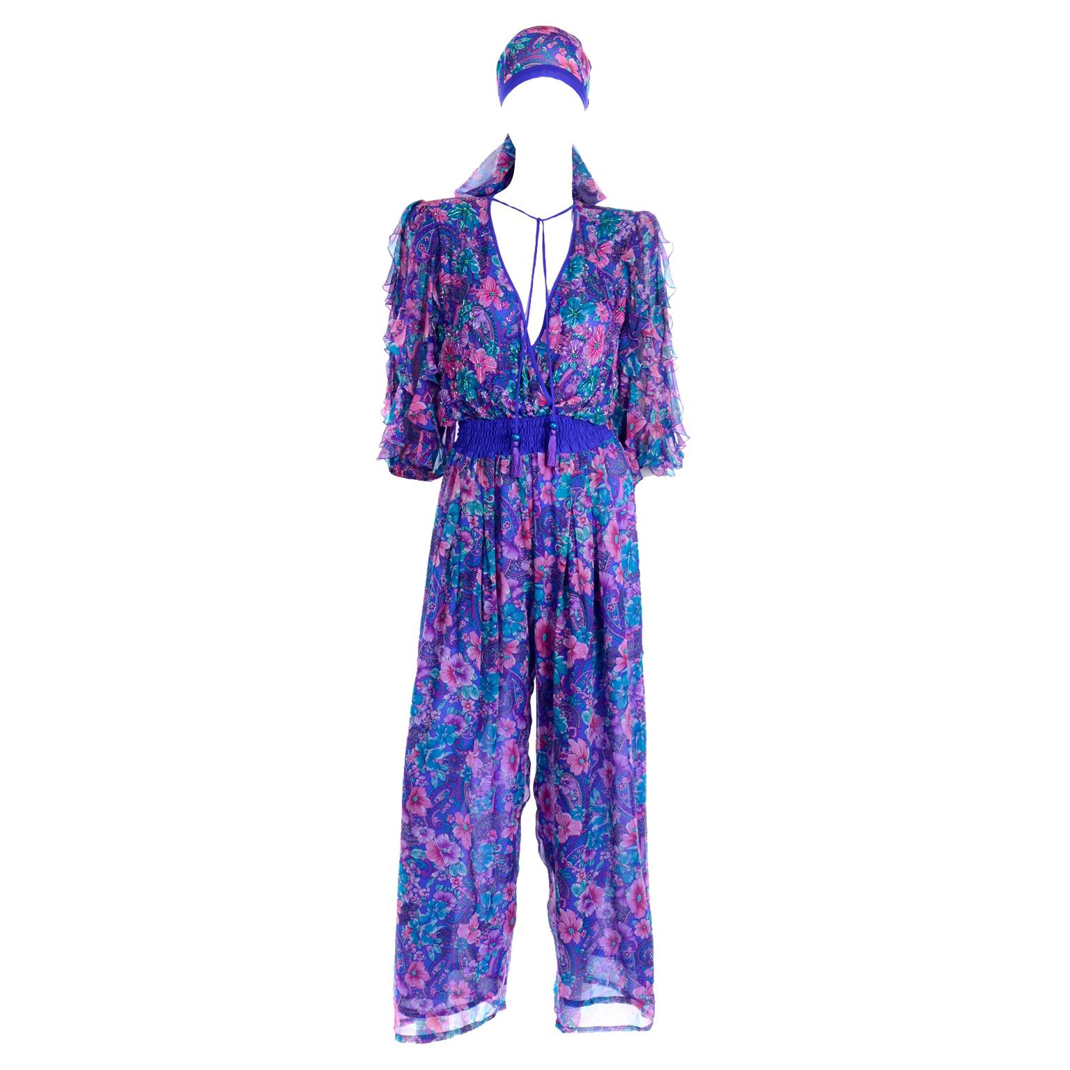 Vintage Diane Freis Purple Floral Print Silk Jumpsuit w Tassels and Scarf