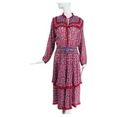 Diane Freis Red & Purple Mix Print Tiered Smocked Waist Dress