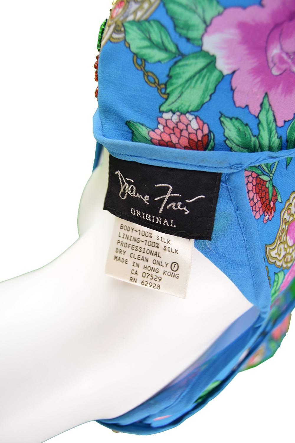 Diane Freis Vintage 1980's Beaded Blue Ruffle Silk Floral Georgette Dress 6