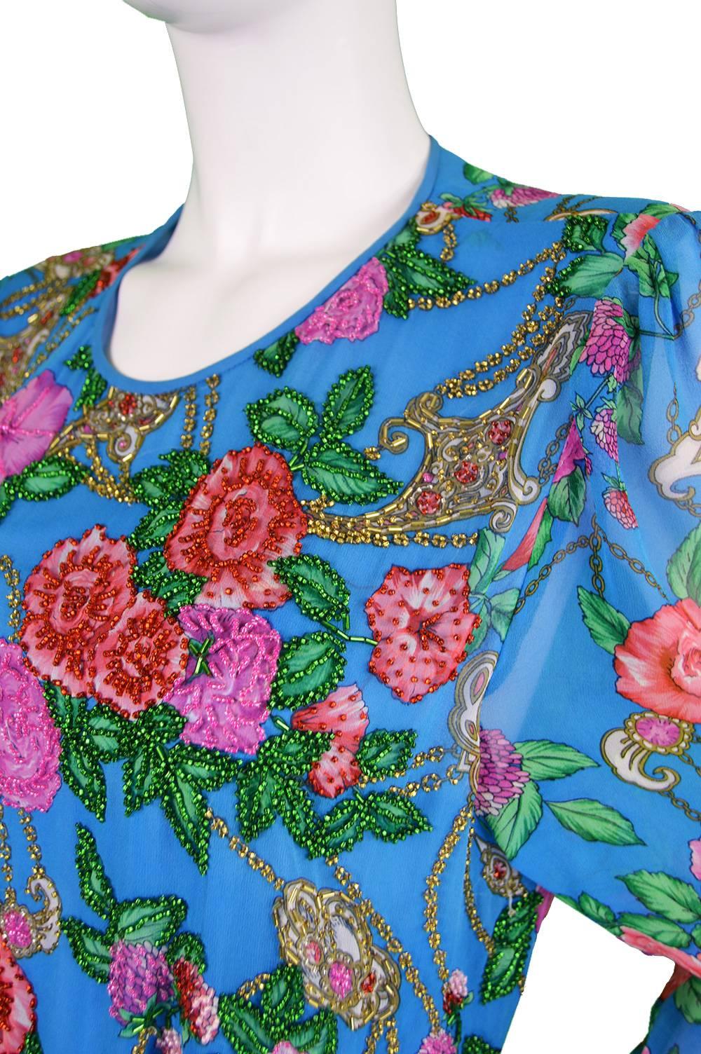 Women's Diane Freis Vintage 1980's Beaded Blue Ruffle Silk Floral Georgette Dress