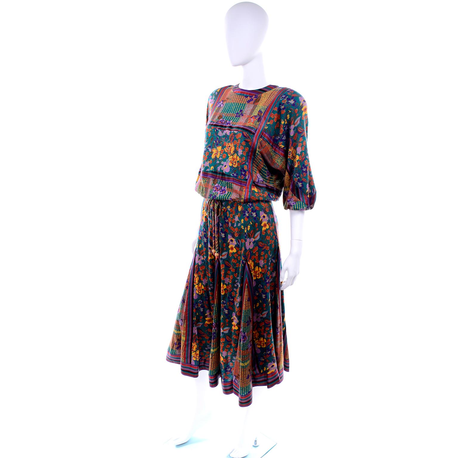We have re-discovered our love affair with Diane Freis pieces and this one is one of our favorites! This Diane Freis Original two piece dress includes a gored skirt and a drawstring top in a wool/acrylic blend. The print is a pattern mix of florals