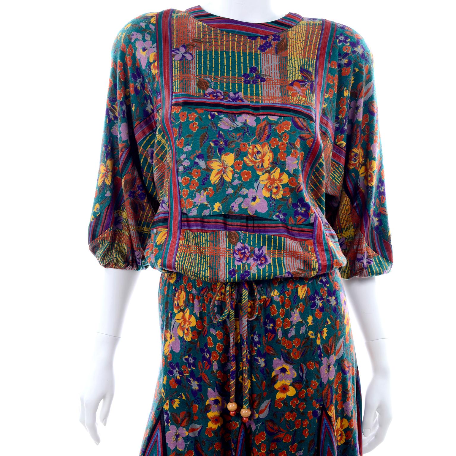 Women's Diane Freis Vintage 2 Pc Dress W Drawstring Top & Gored Skirt in Floral Print For Sale