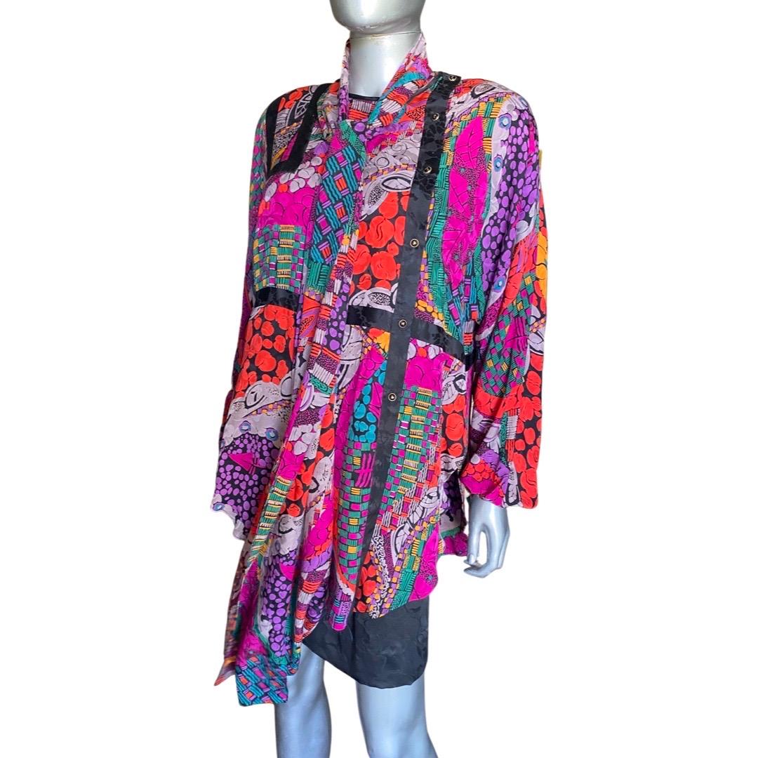 Pink Diane Freis Vintage 3 Piece Printed Silk Set Blouse Skirt and Scarf Size 6  For Sale