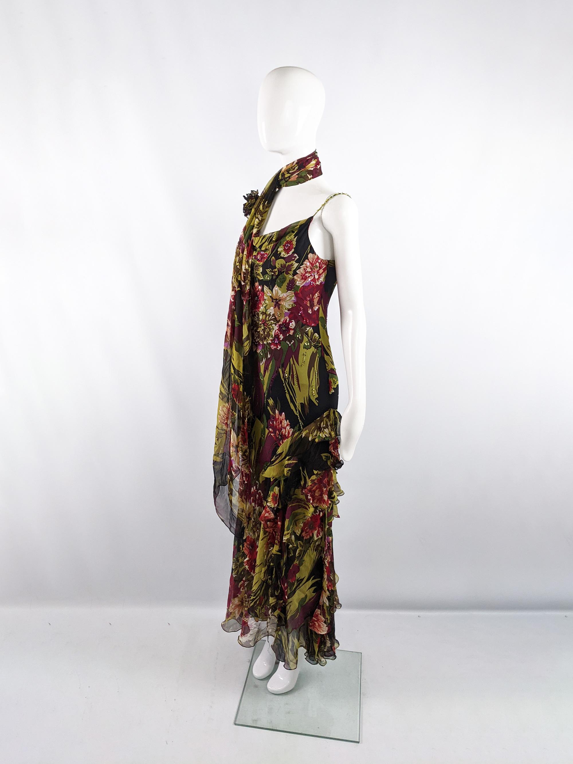 Black Diane Freis Vintage 90s Bias Cut Hand Beaded Silk Chiffon Dress & Scarf, 1990s