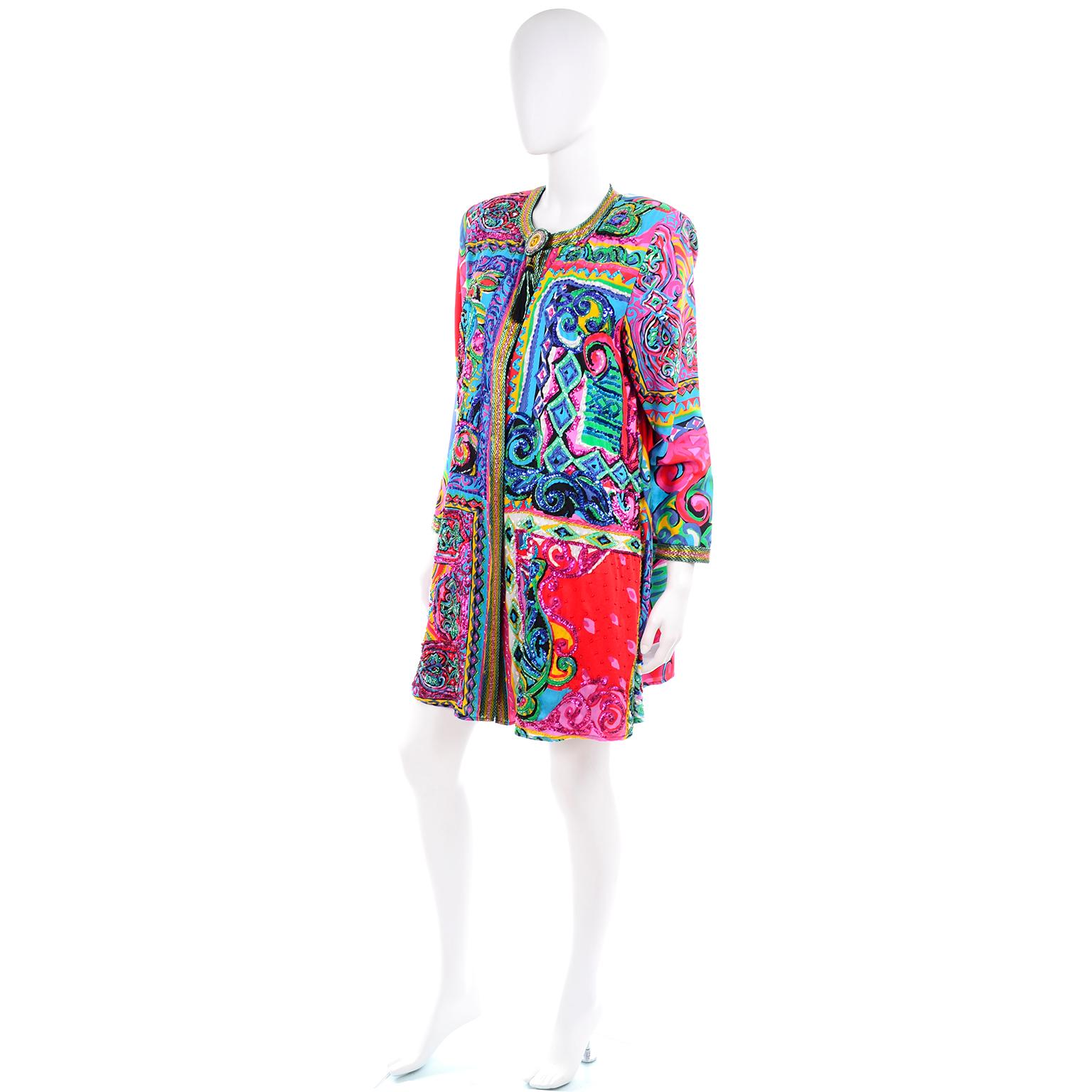 Gray Diane Freis Vintage Beaded Jacket W Tassels in Abstract Bright Watercolor Print