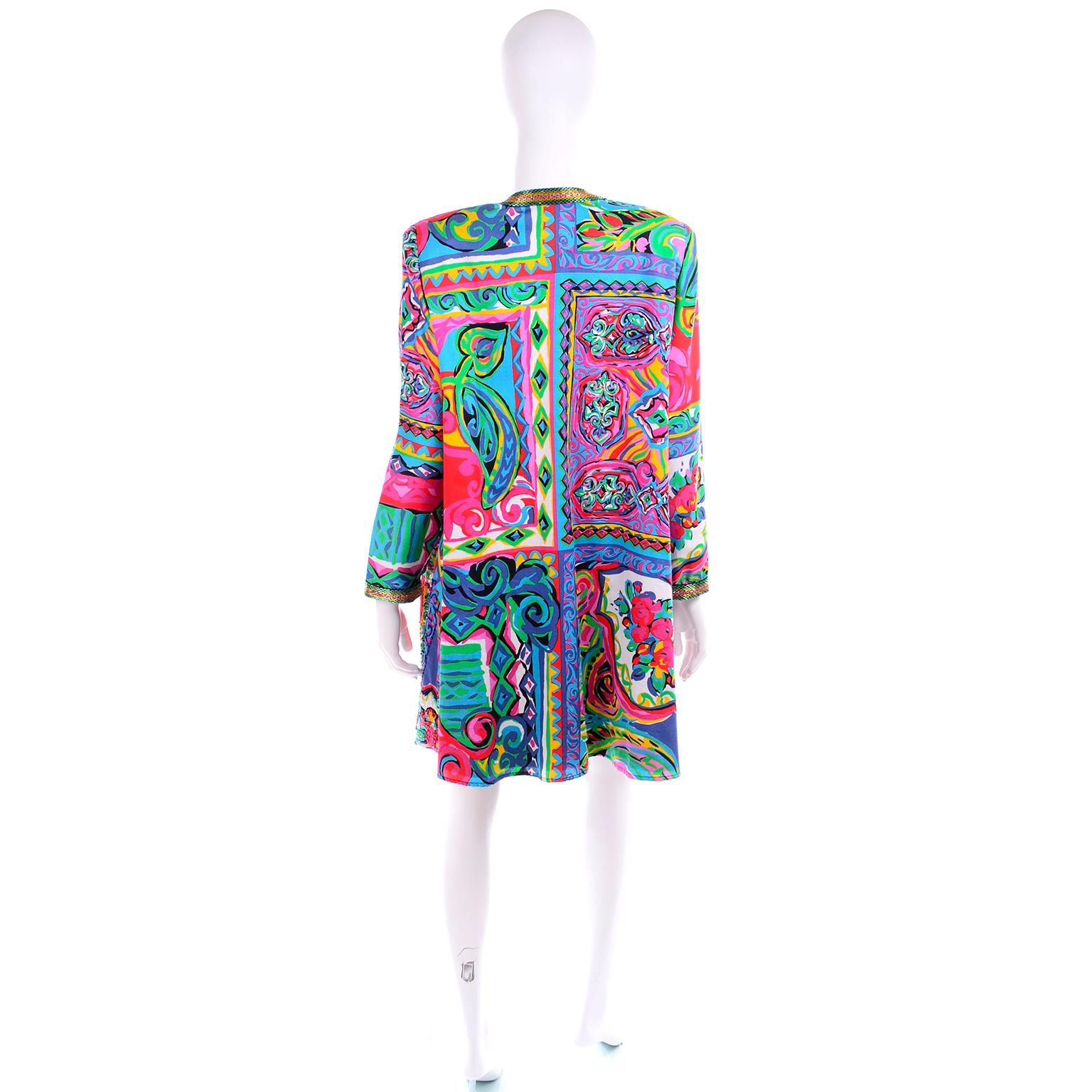 Diane Freis Vintage Beaded Jacket W Tassels in Abstract Bright Watercolor Print In Excellent Condition In Portland, OR