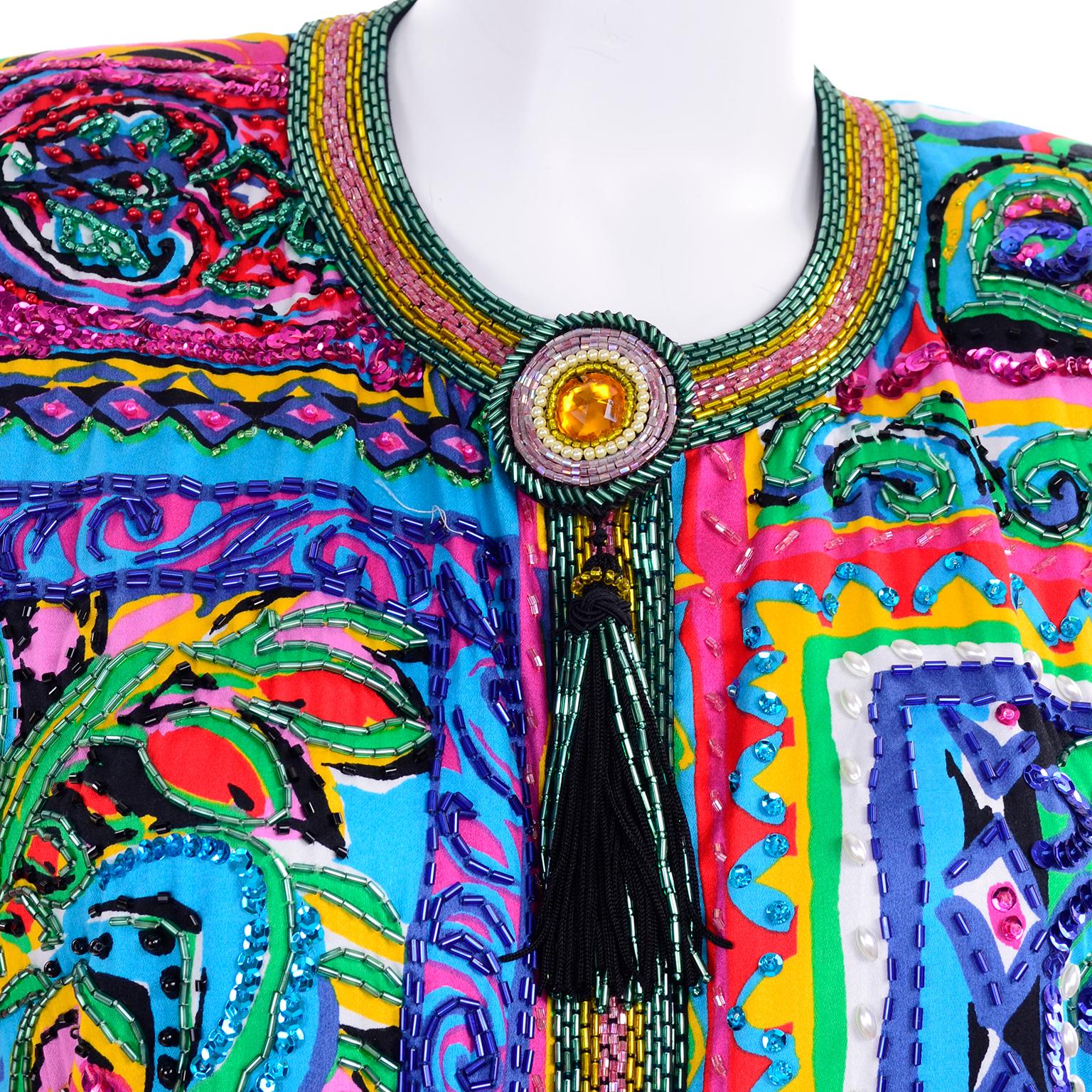 Diane Freis Vintage Beaded Jacket W Tassels in Abstract Bright Watercolor Print 1