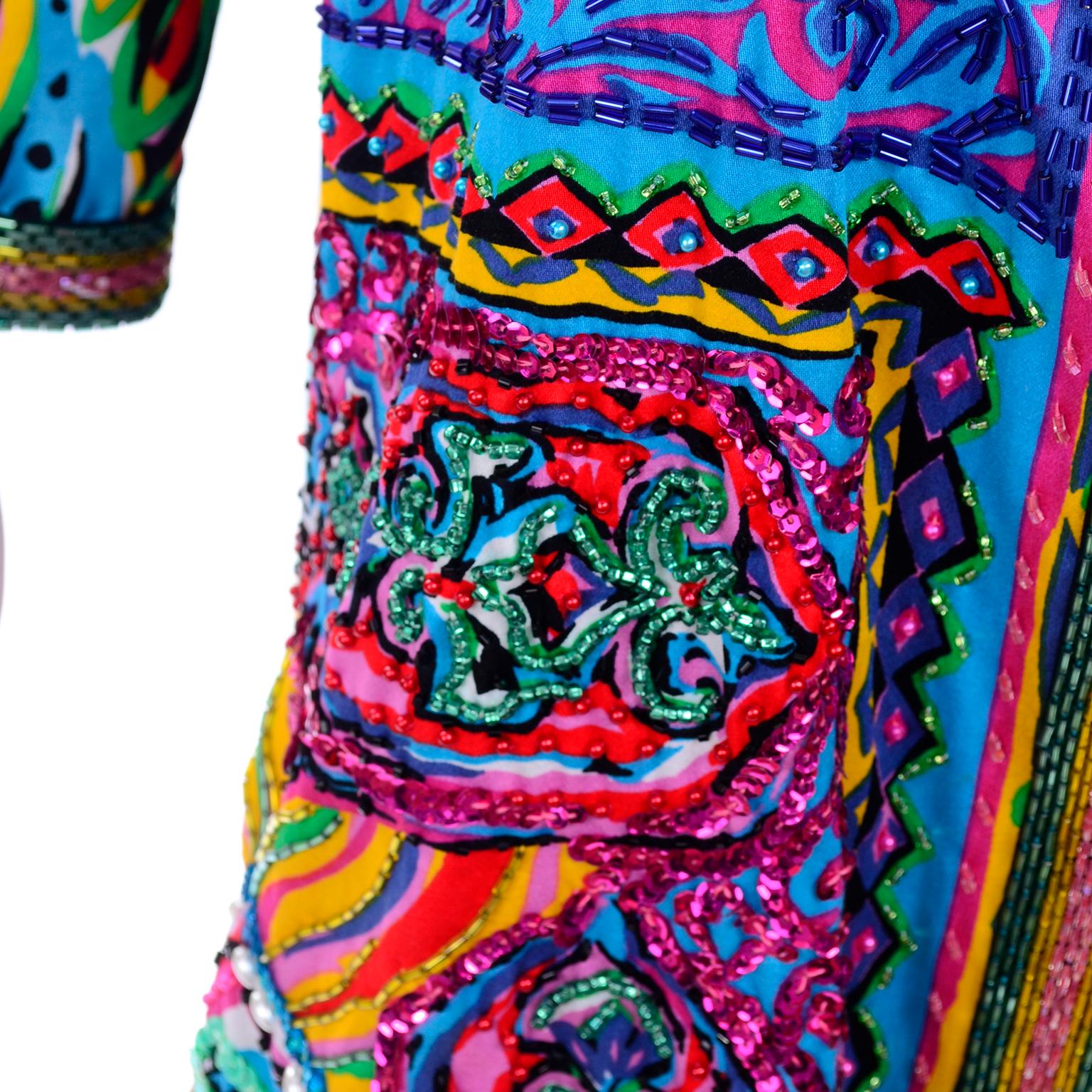 Diane Freis Vintage Beaded Jacket W Tassels in Abstract Bright Watercolor Print 2