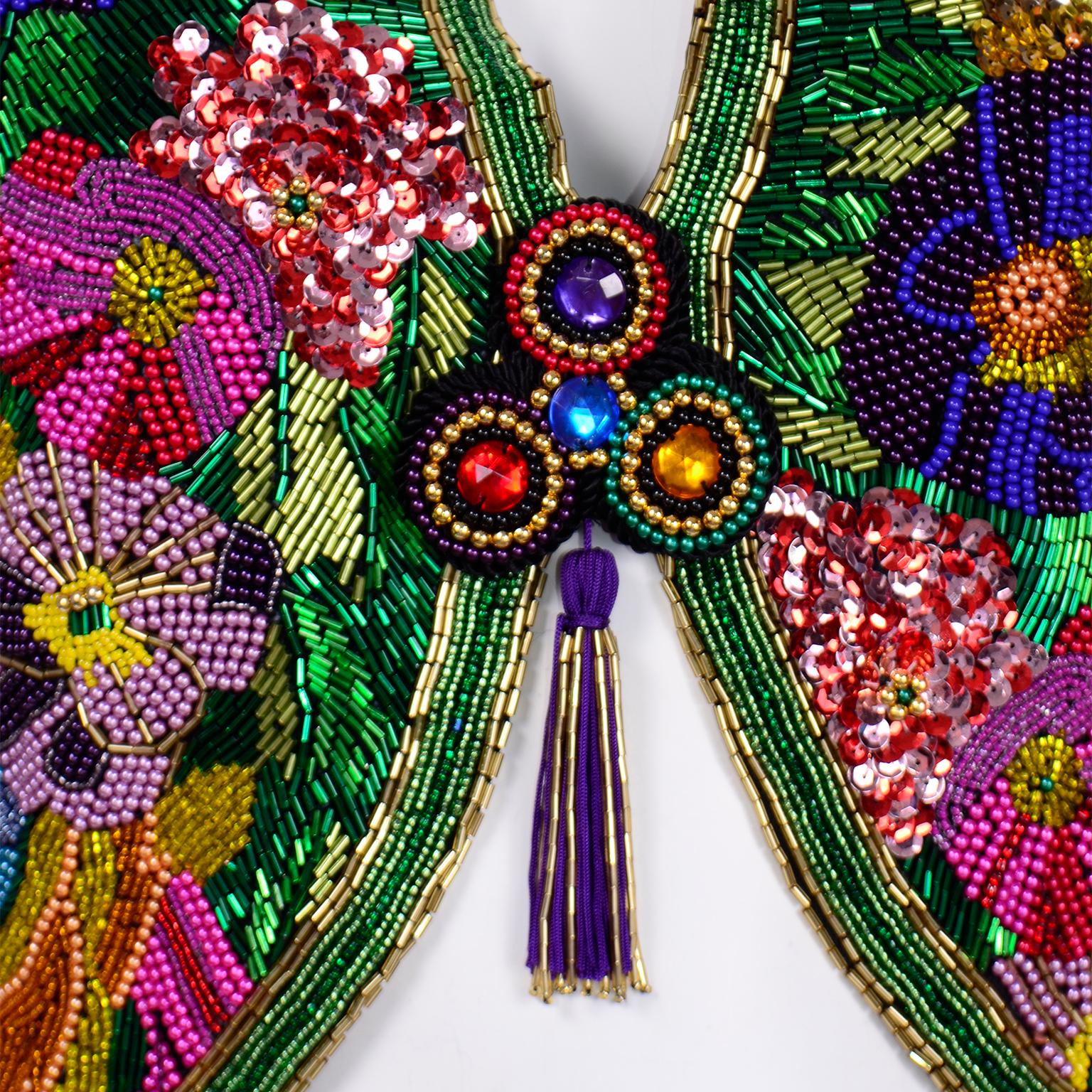 Black Diane Freis Vintage Heavily Beaded Colorful Floral Cropped Evening Bolero Jacket