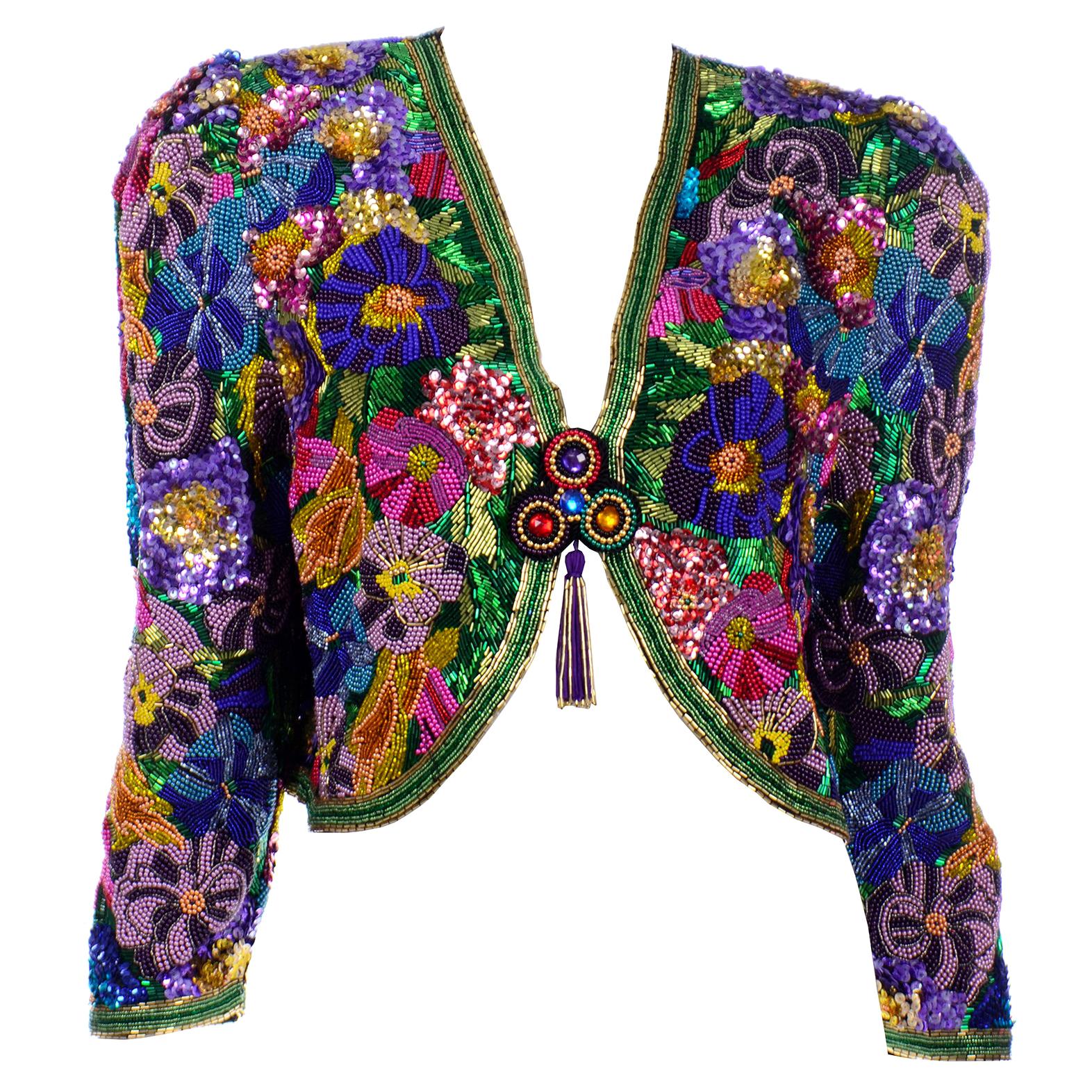 Diane Freis Vintage Heavily Beaded Colorful Floral Cropped Evening Bolero Jacket