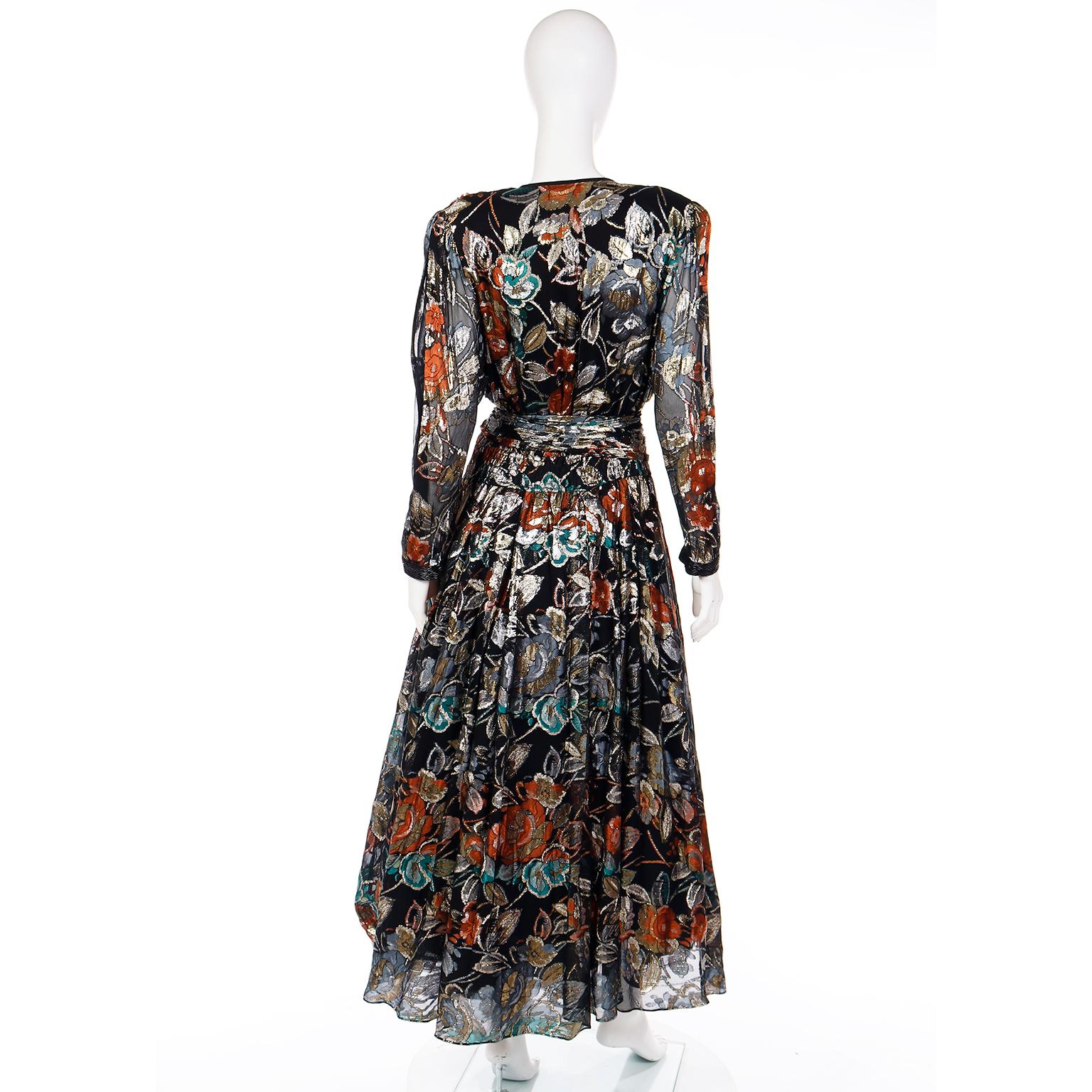 Women's Diane Freis Vintage Metallic Floral Evening Dress With Beads & Sequins