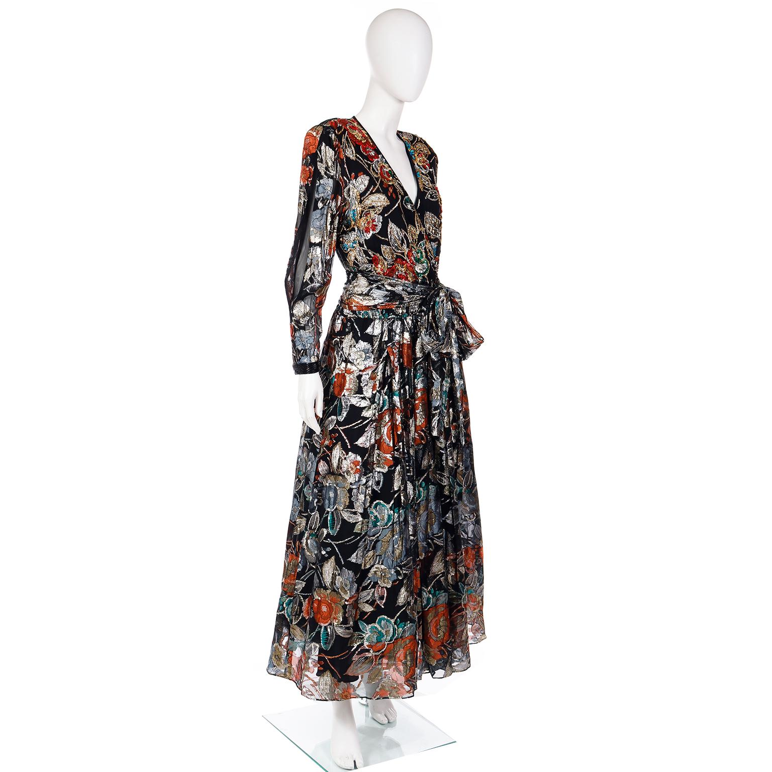 Diane Freis Vintage Metallic Floral Evening Dress With Beads & Sequins 1