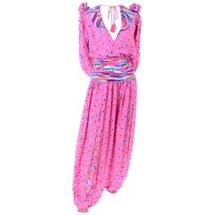 Diane Freis Vintage Pink Balloon leg Jumpsuit in Abstract Print w Puff Sleeves