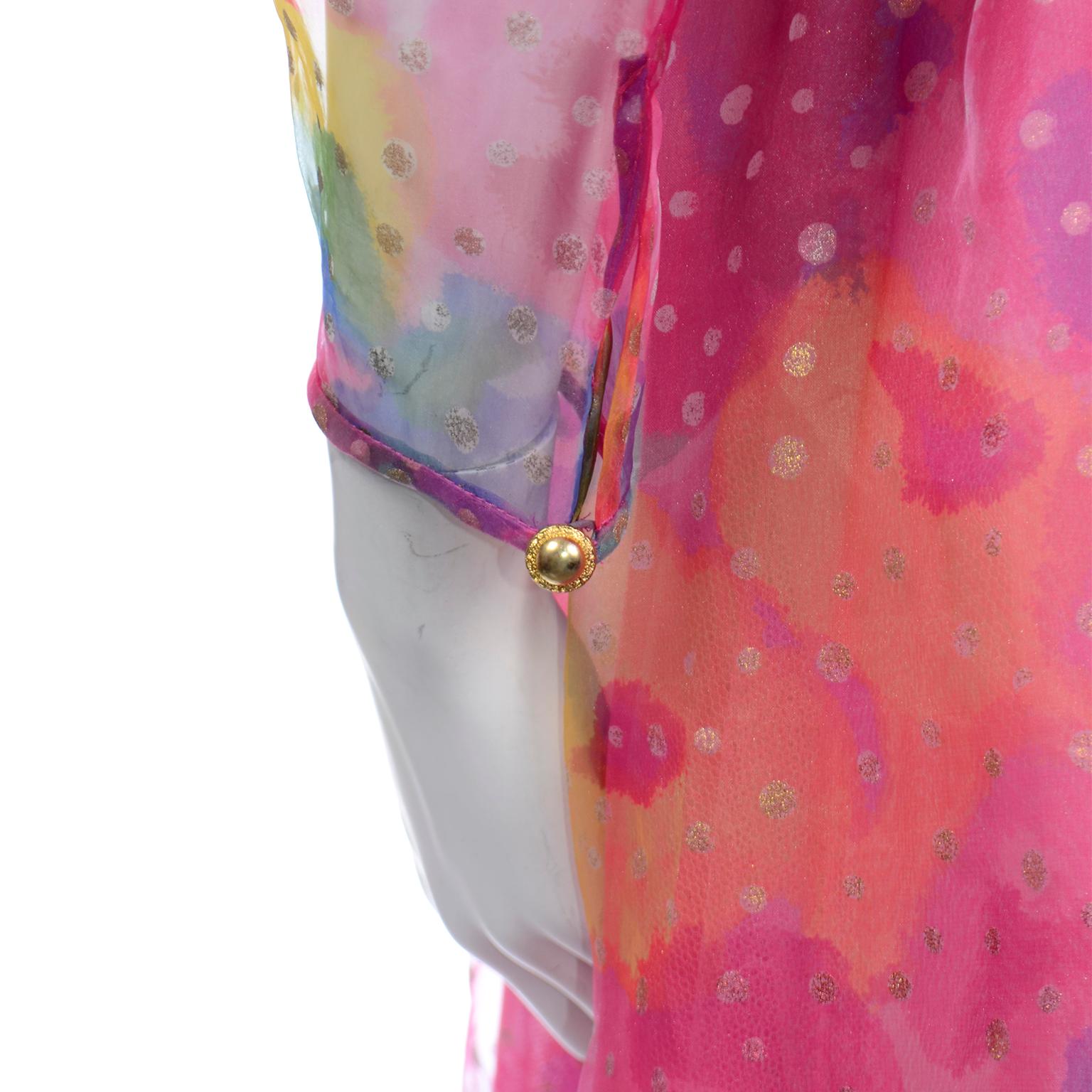 Diane Freis Vintage Pink Watercolor Polka Dot Ruffled Long Organza Dress For Sale 3