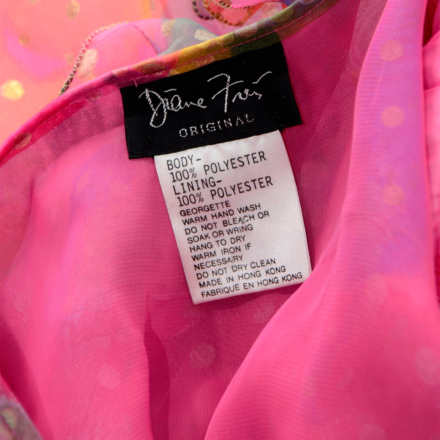 Diane Freis Vintage Pink Watercolor Polka Dot Ruffled Long Organza Dress For Sale 4