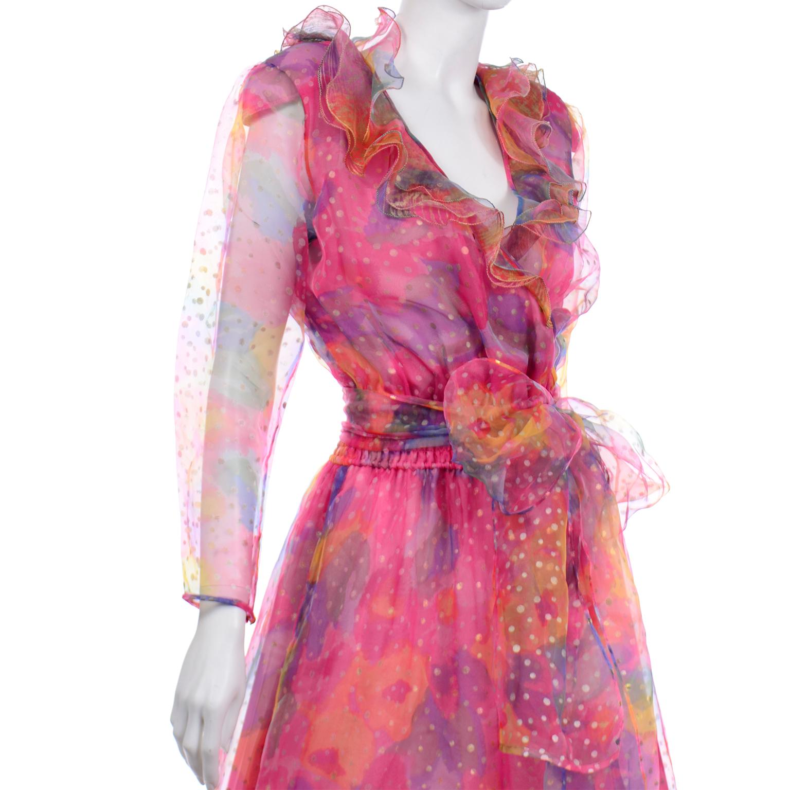 Robe longue vintage en organza aquarelle rose à pois et volants Diane Freis en vente 1