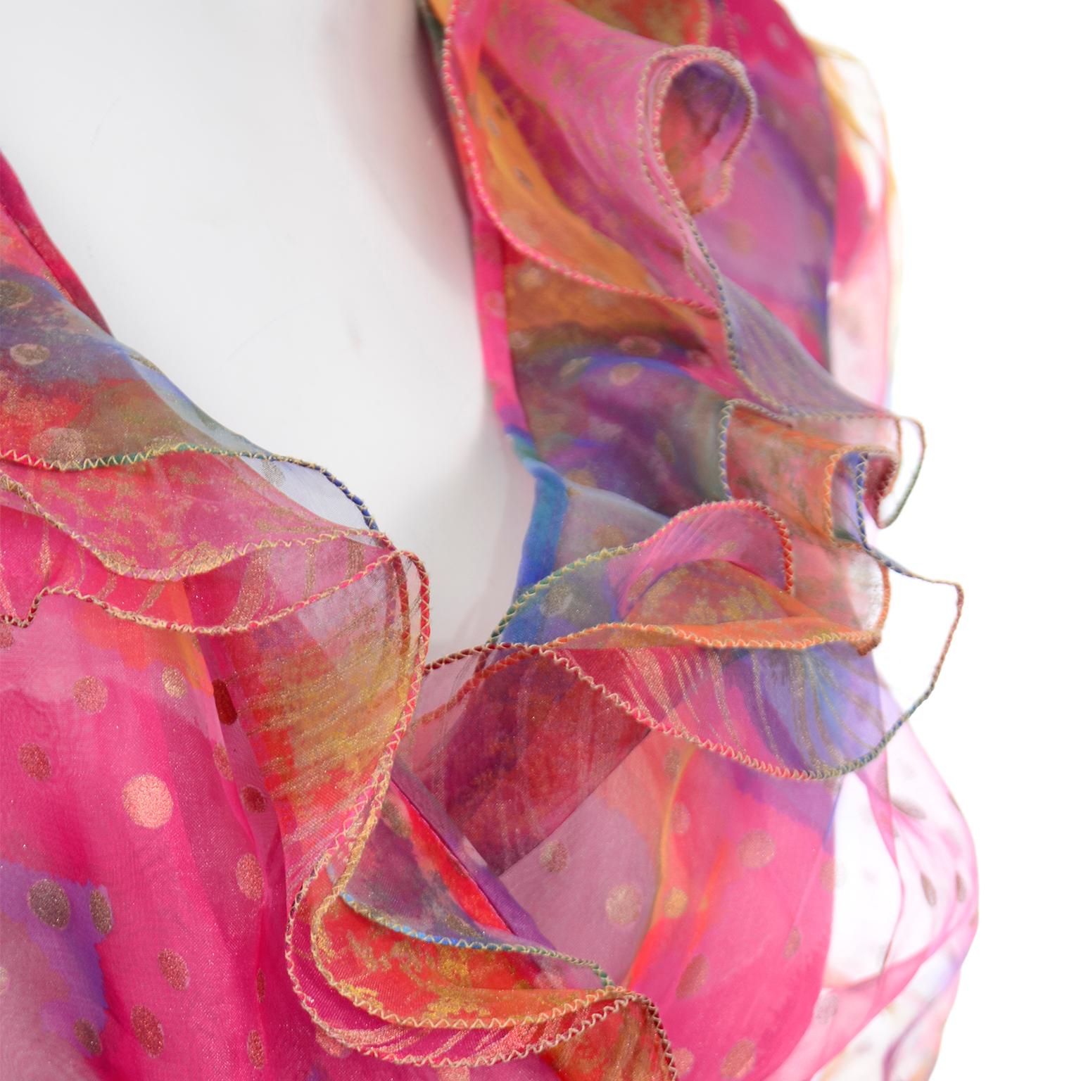 Robe longue vintage en organza aquarelle rose à pois et volants Diane Freis en vente 2