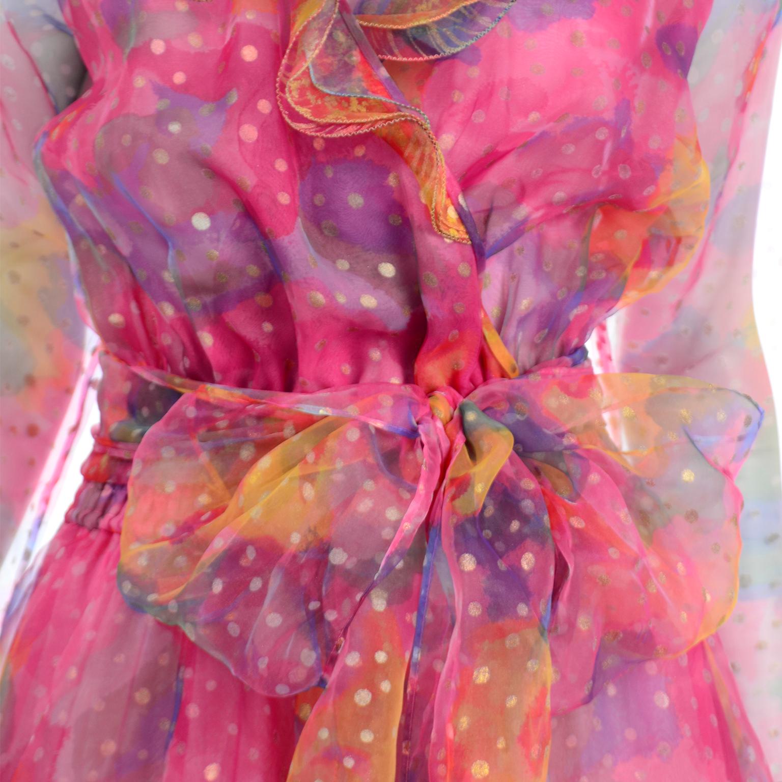 Diane Freis Vintage Pink Watercolor Polka Dot Ruffled Long Organza Dress For Sale 1