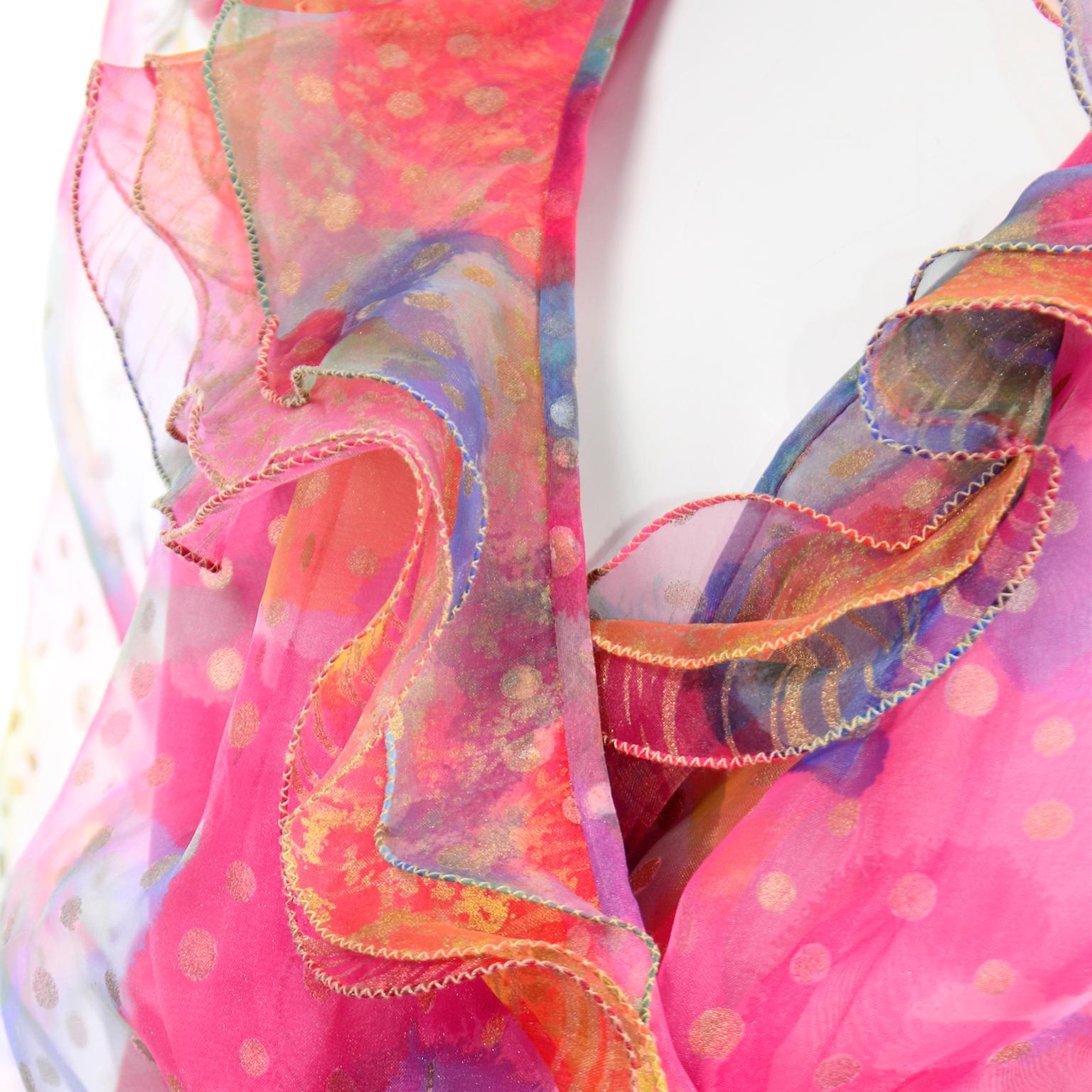 Diane Freis Vintage Pink Watercolor Polka Dot Ruffled Long Organza Dress For Sale 2