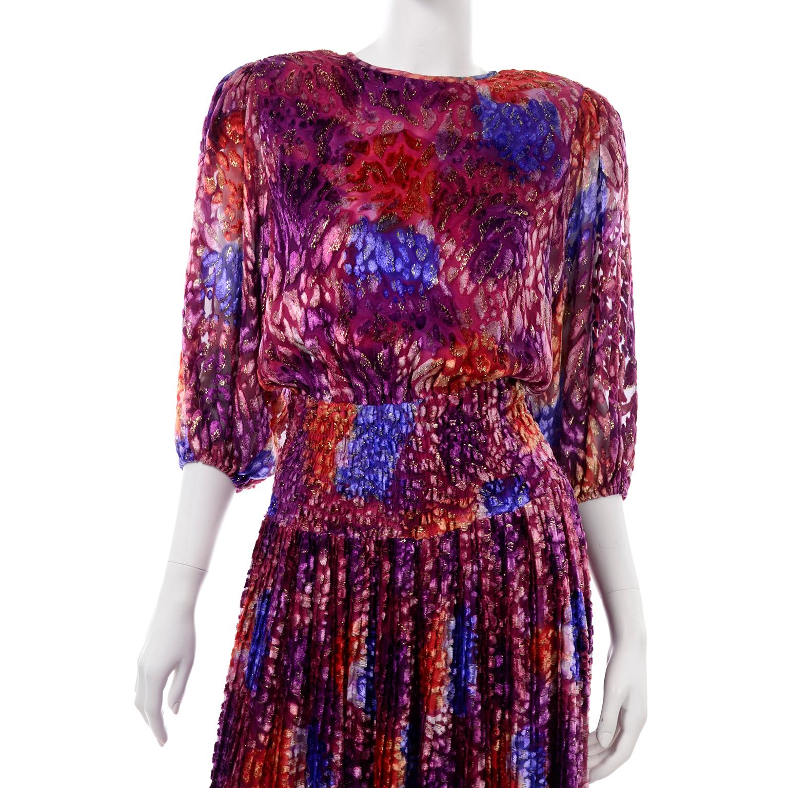 Diane Freis Vintage Purple Pink Velvet Metallic Silk Dress W Open Lattice Work 6