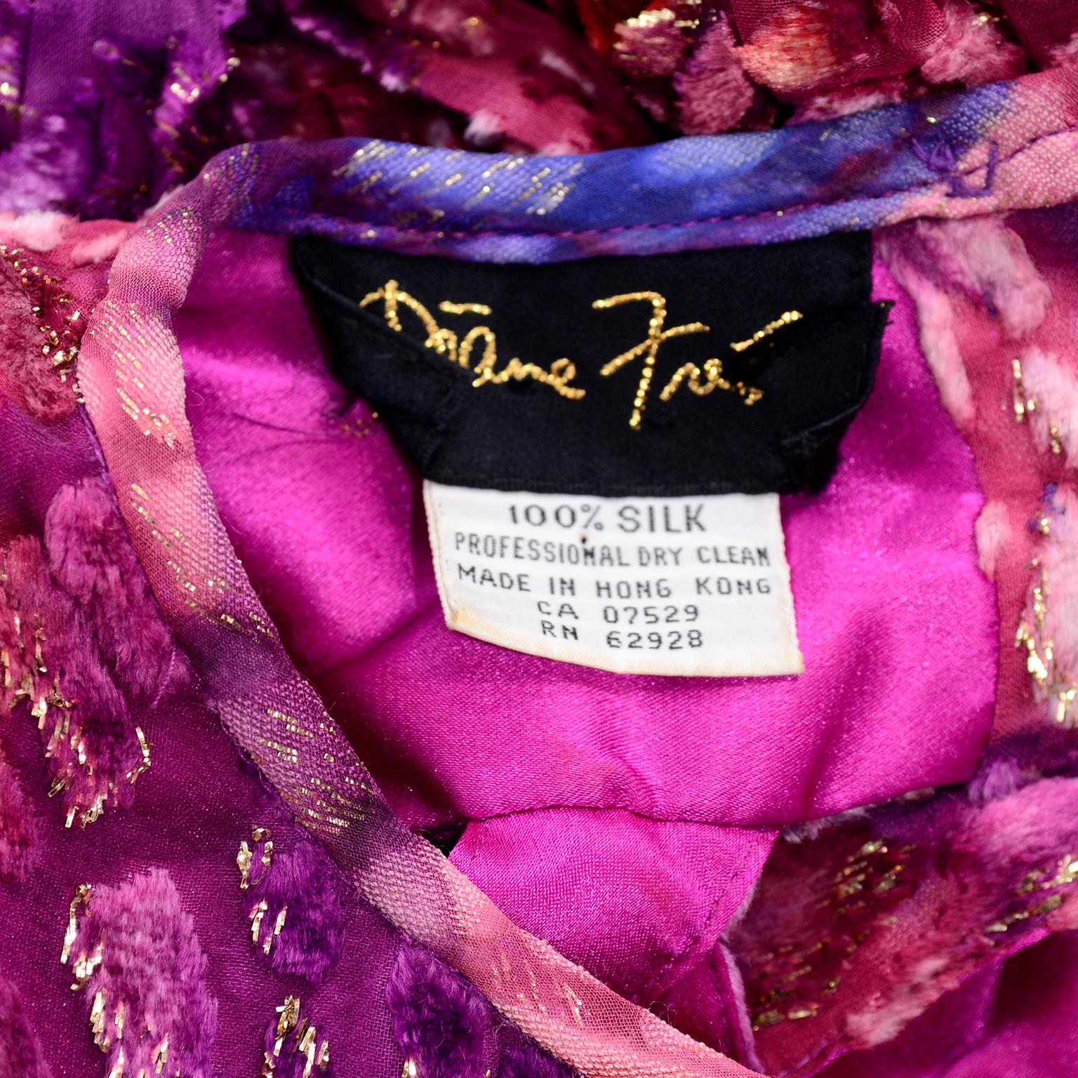 Diane Freis Vintage Purple Pink Velvet Metallic Silk Dress W Open Lattice Work 9