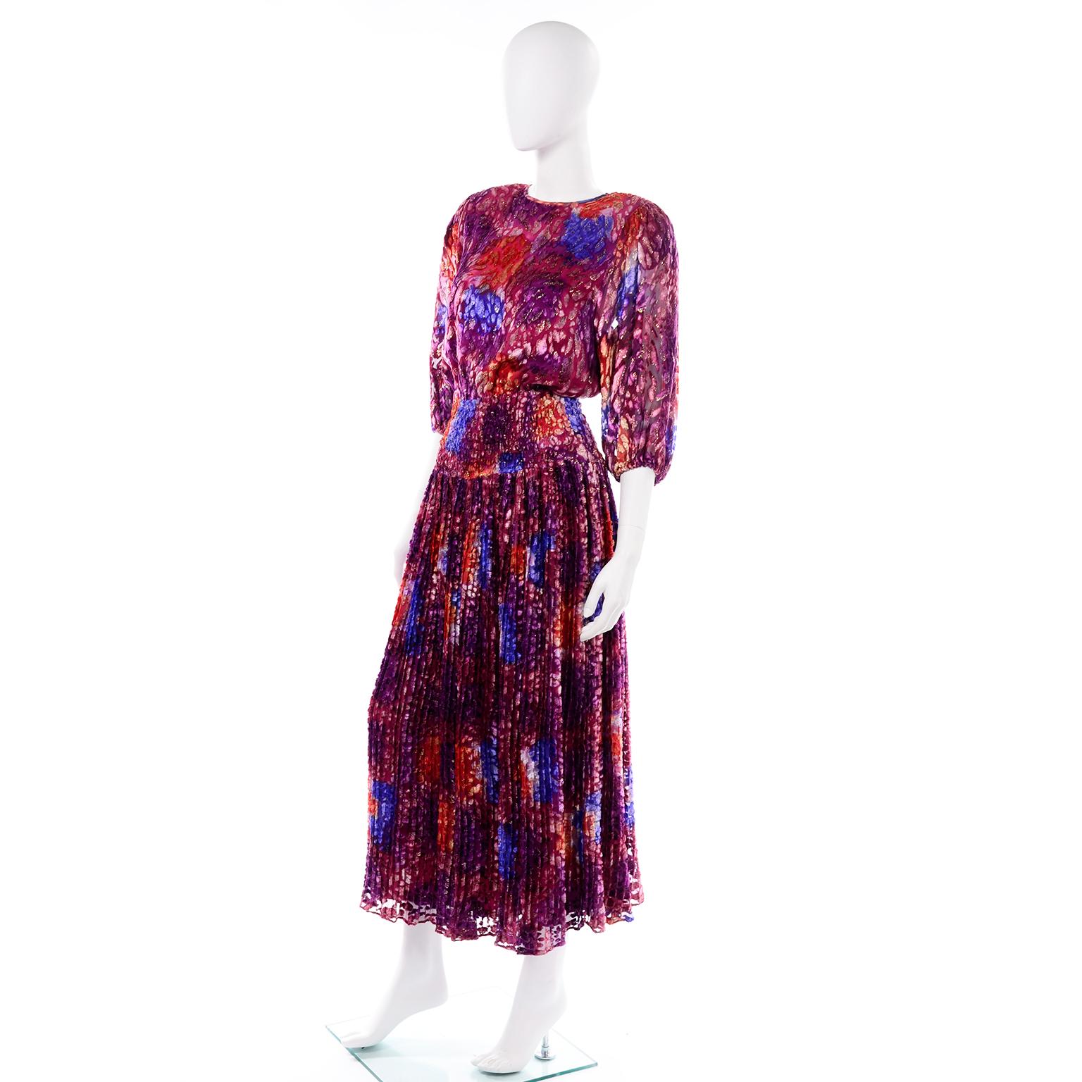 Diane Freis Vintage Purple Pink Velvet Metallic Silk Dress W Open Lattice Work In Excellent Condition In Portland, OR