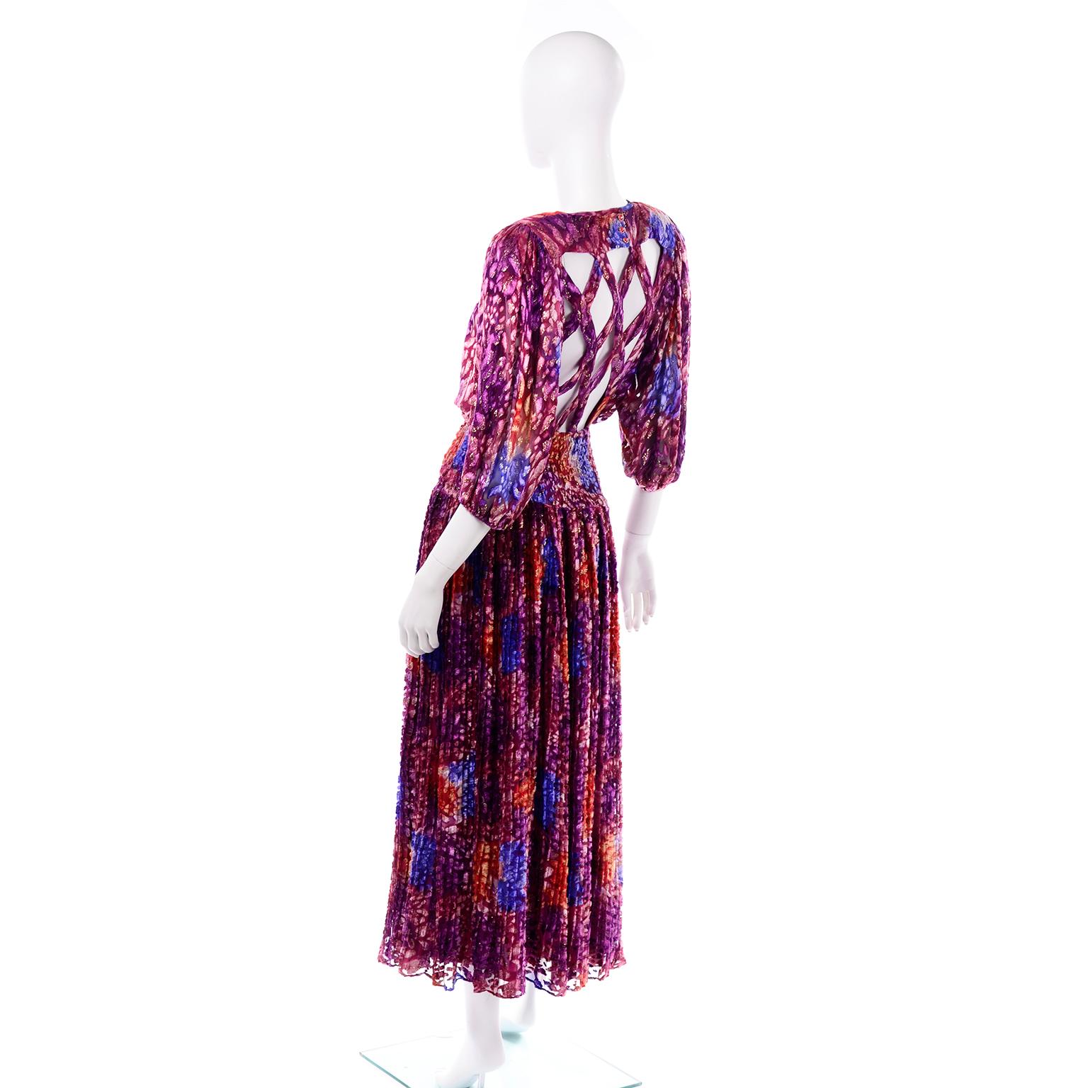 Women's Diane Freis Vintage Purple Pink Velvet Metallic Silk Dress W Open Lattice Work