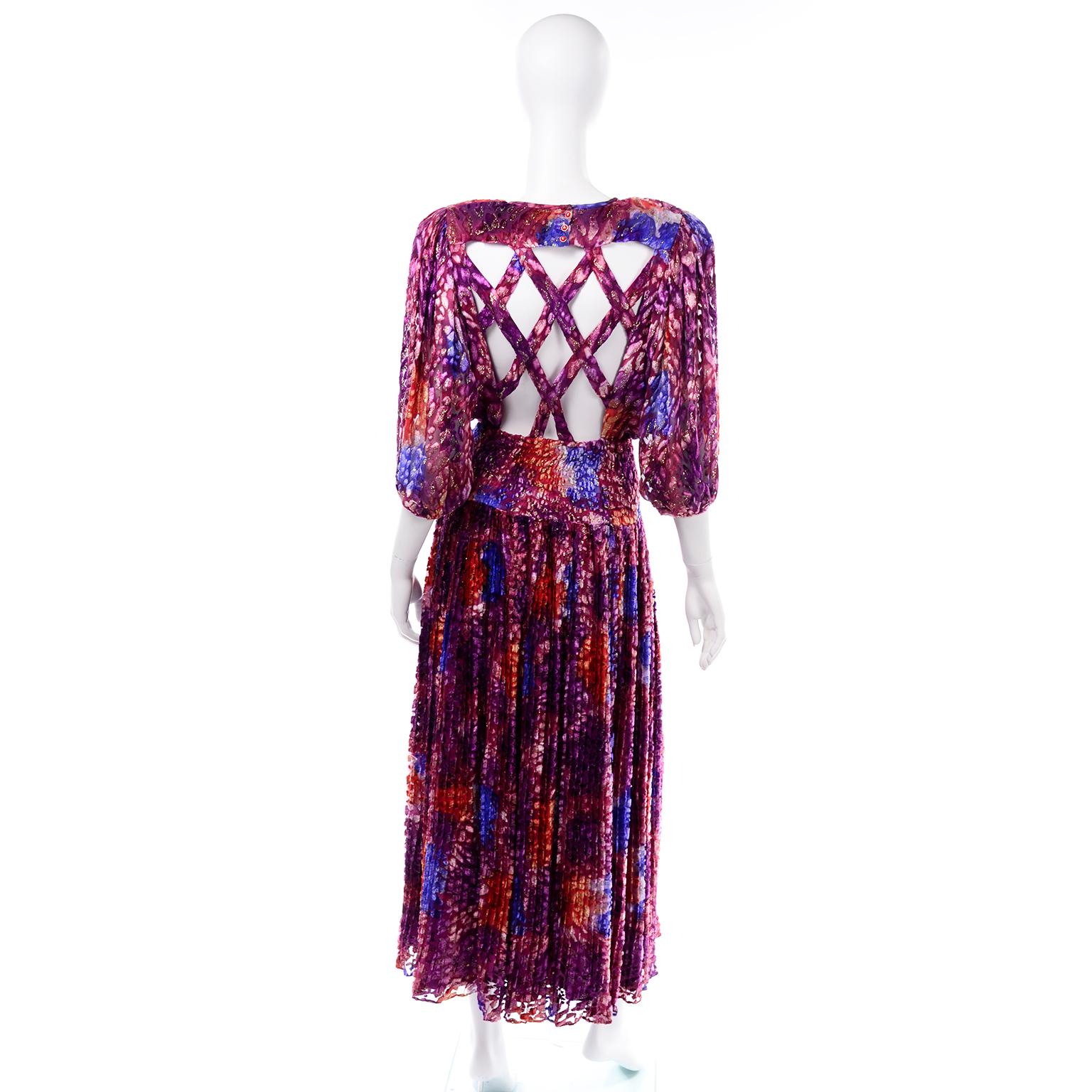 Diane Freis Vintage Purple Pink Velvet Metallic Silk Dress W Open Lattice Work 1