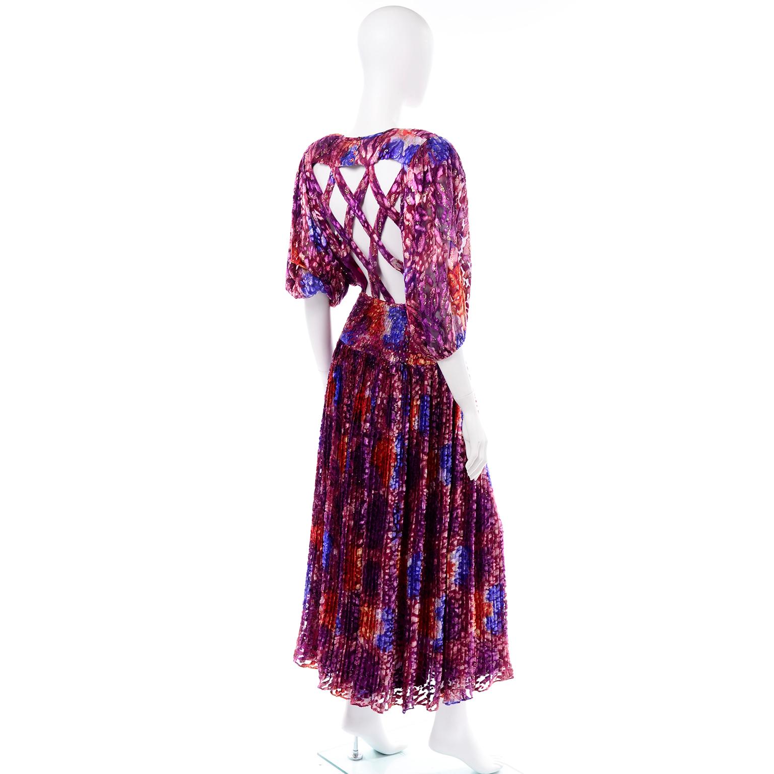 Diane Freis Vintage Purple Pink Velvet Metallic Silk Dress W Open Lattice Work 2