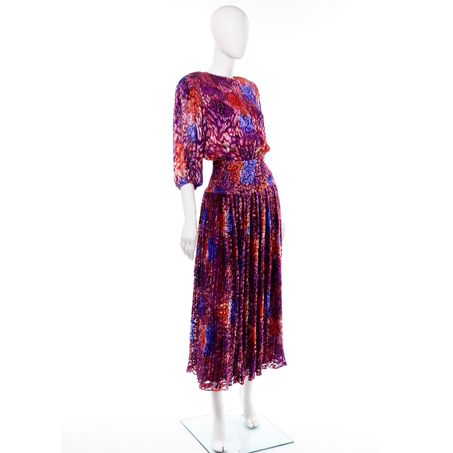 Diane Freis Vintage Purple Pink Velvet Metallic Silk Dress W Open Lattice Work 3