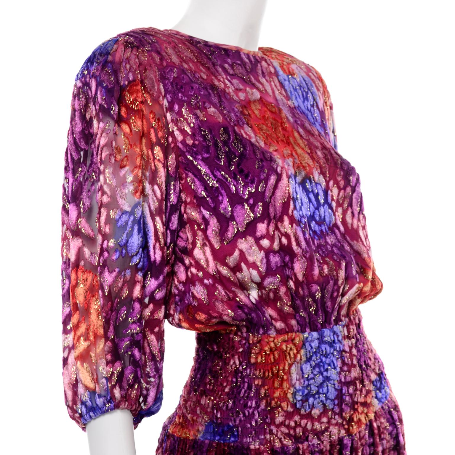 Diane Freis Vintage Purple Pink Velvet Metallic Silk Dress W Open Lattice Work 4