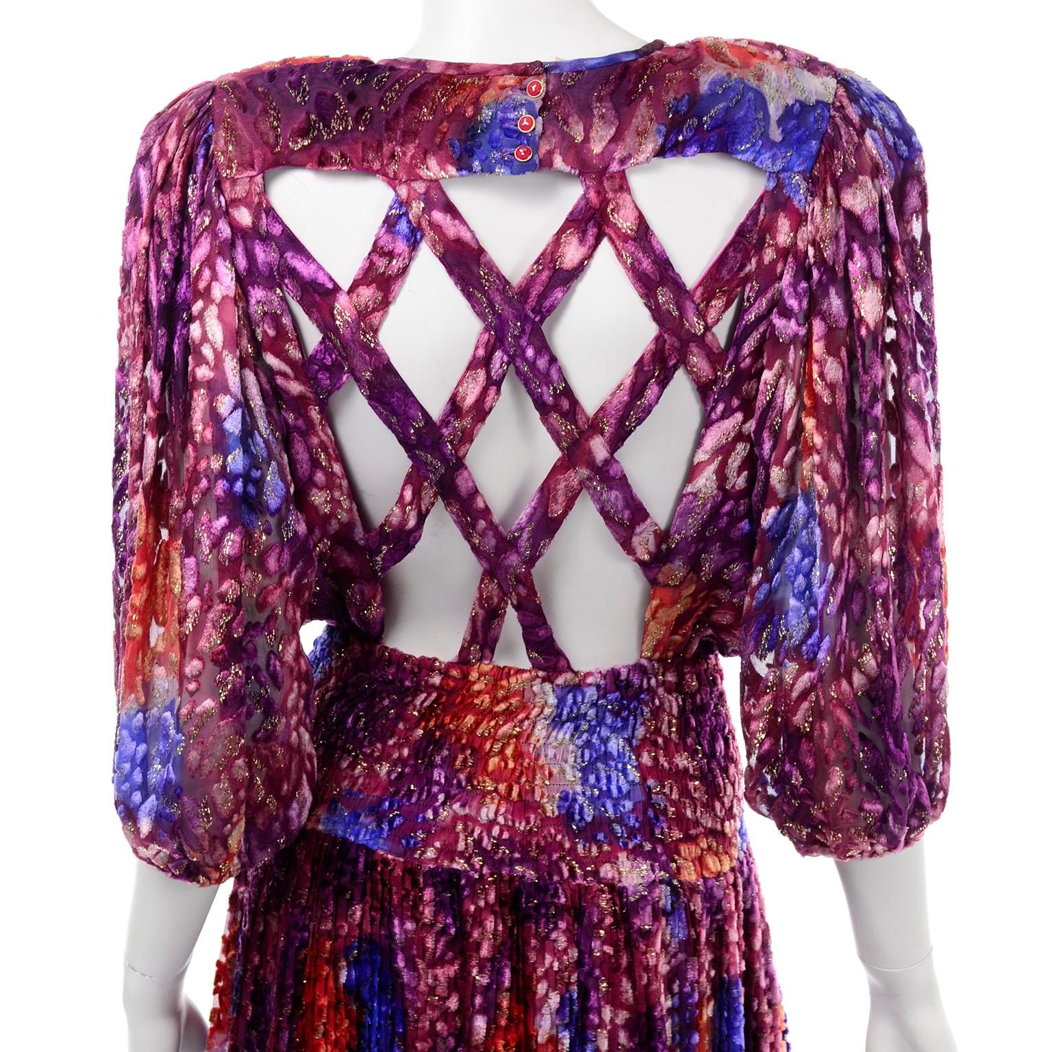 Diane Freis Vintage Purple Pink Velvet Metallic Silk Dress W Open Lattice Work 5