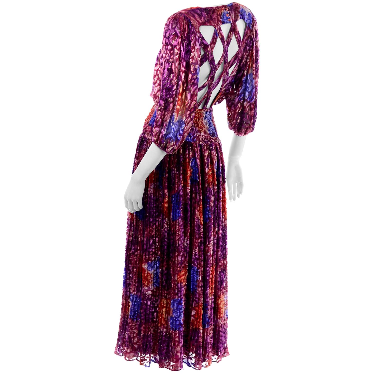 Diane Freis Vintage Purple Pink Velvet Metallic Silk Dress W Open Lattice Work