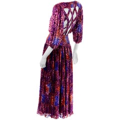 Diane Freis Vintage Purple Pink Velvet Metallic Silk Dress W Open Lattice Work