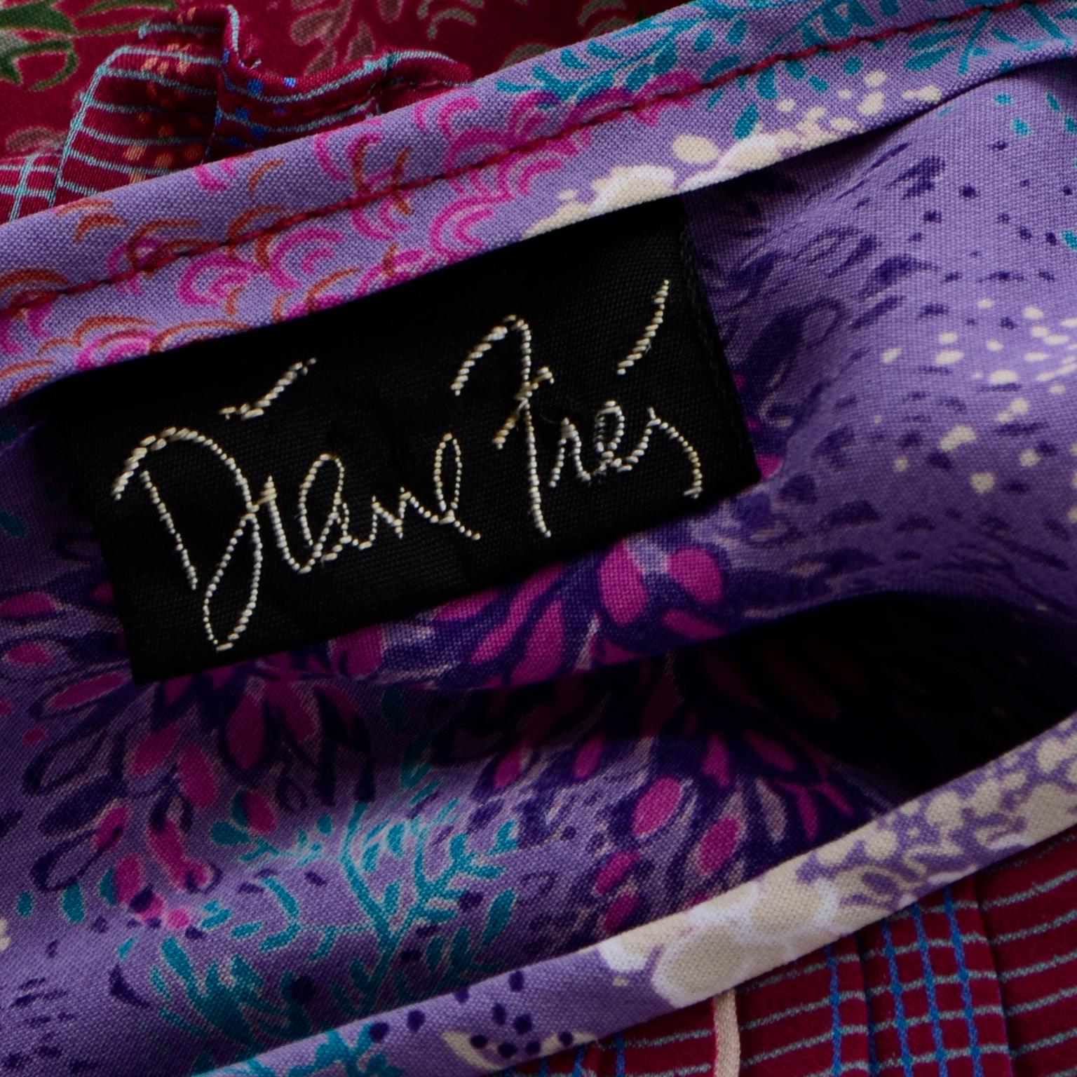 Diane Freis Vintage lila & rot geblümtes gerafftes Kleid oder Tunika mit Schärpe Gürtel im Angebot 11