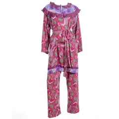 Diane Freis 2 Pc Vintage Red Floral Ruffled Dress or Tunic w Pants & Sash Belt