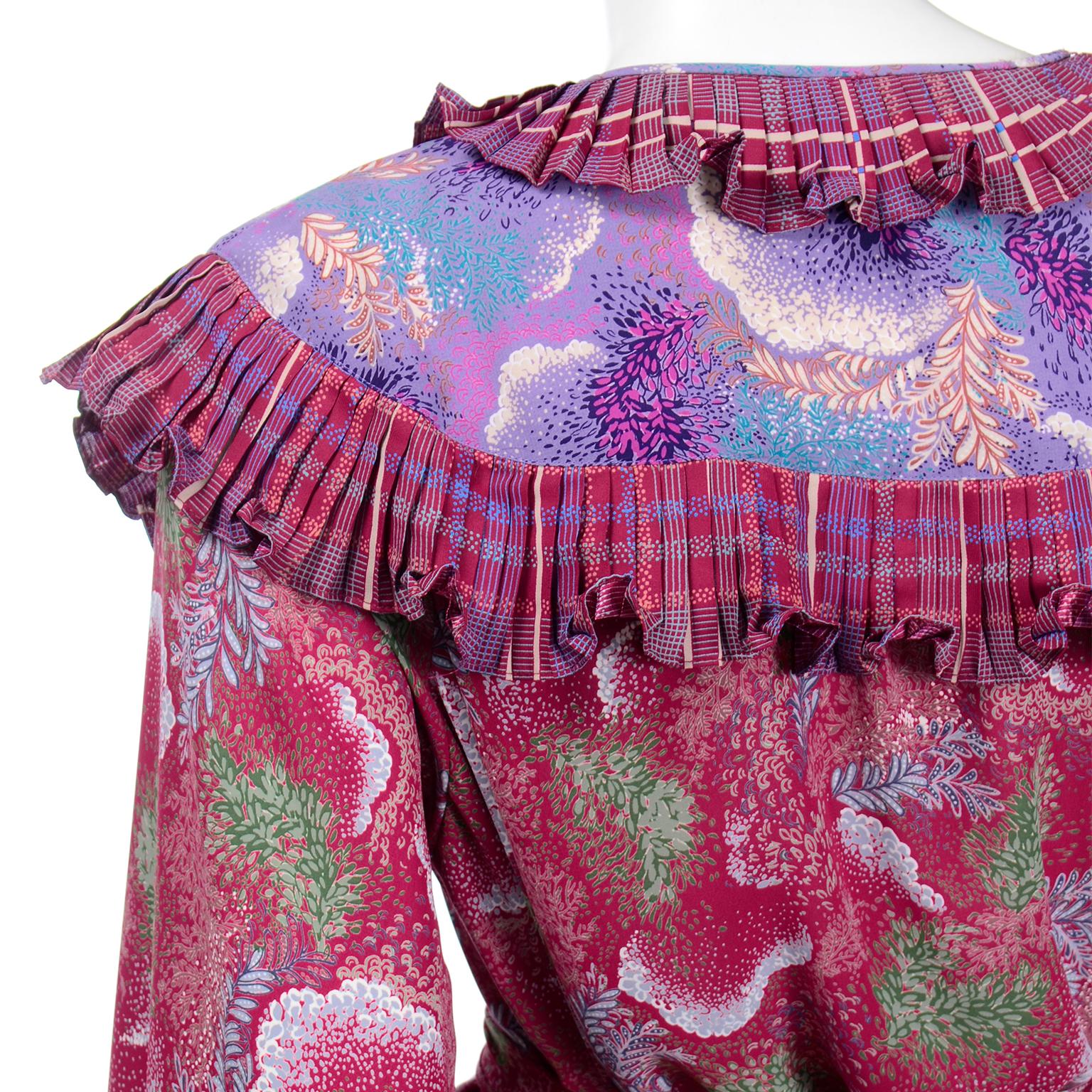 Diane Freis Vintage lila & rot geblümtes gerafftes Kleid oder Tunika mit Schärpe Gürtel im Angebot 7